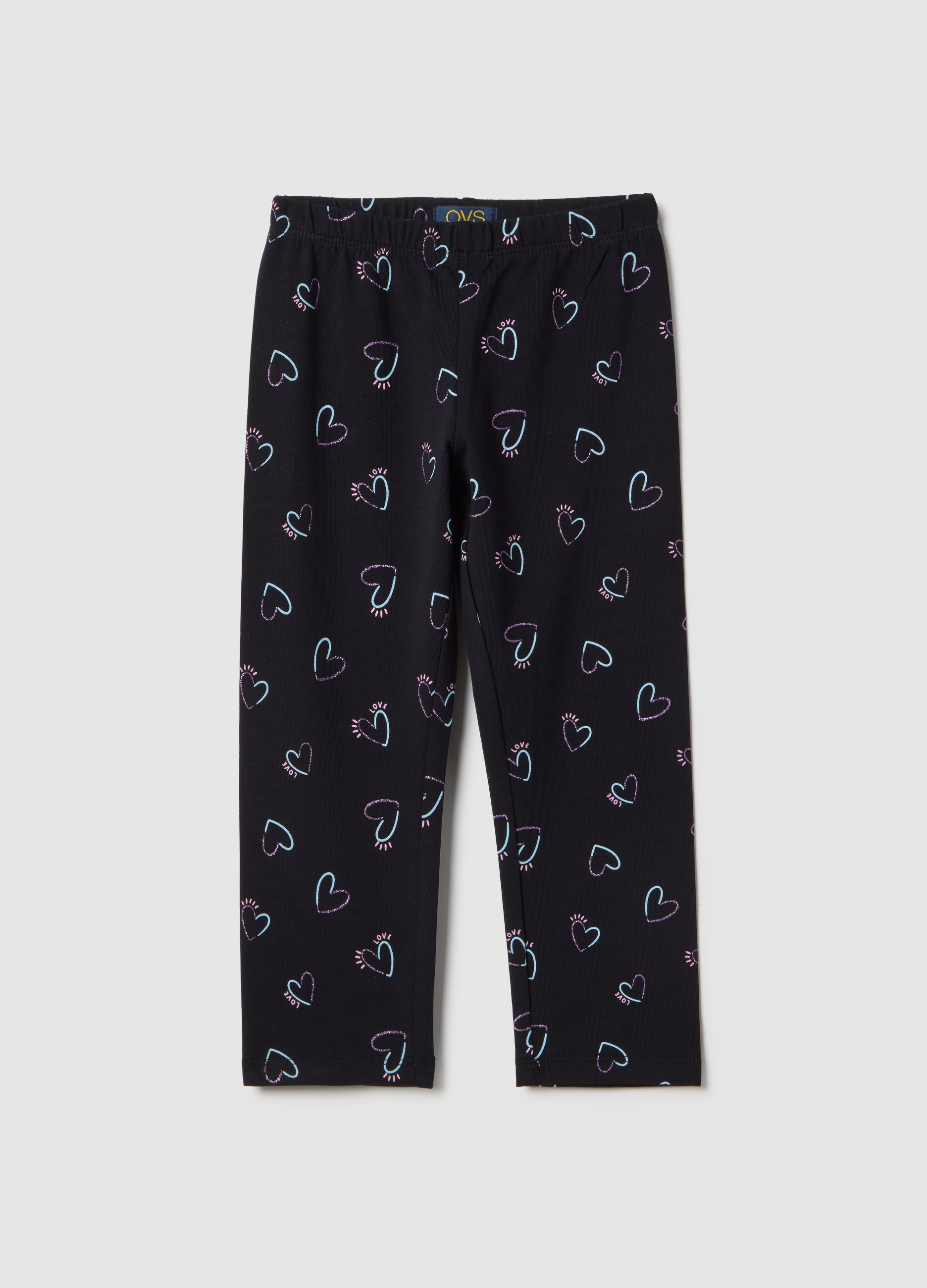 OVS KIDS, Leggings Negros De Ajuste Ceñido Para Niña En Algodón Elástico Con Corazones, Niña, Gunmetal, Talla: 3-4