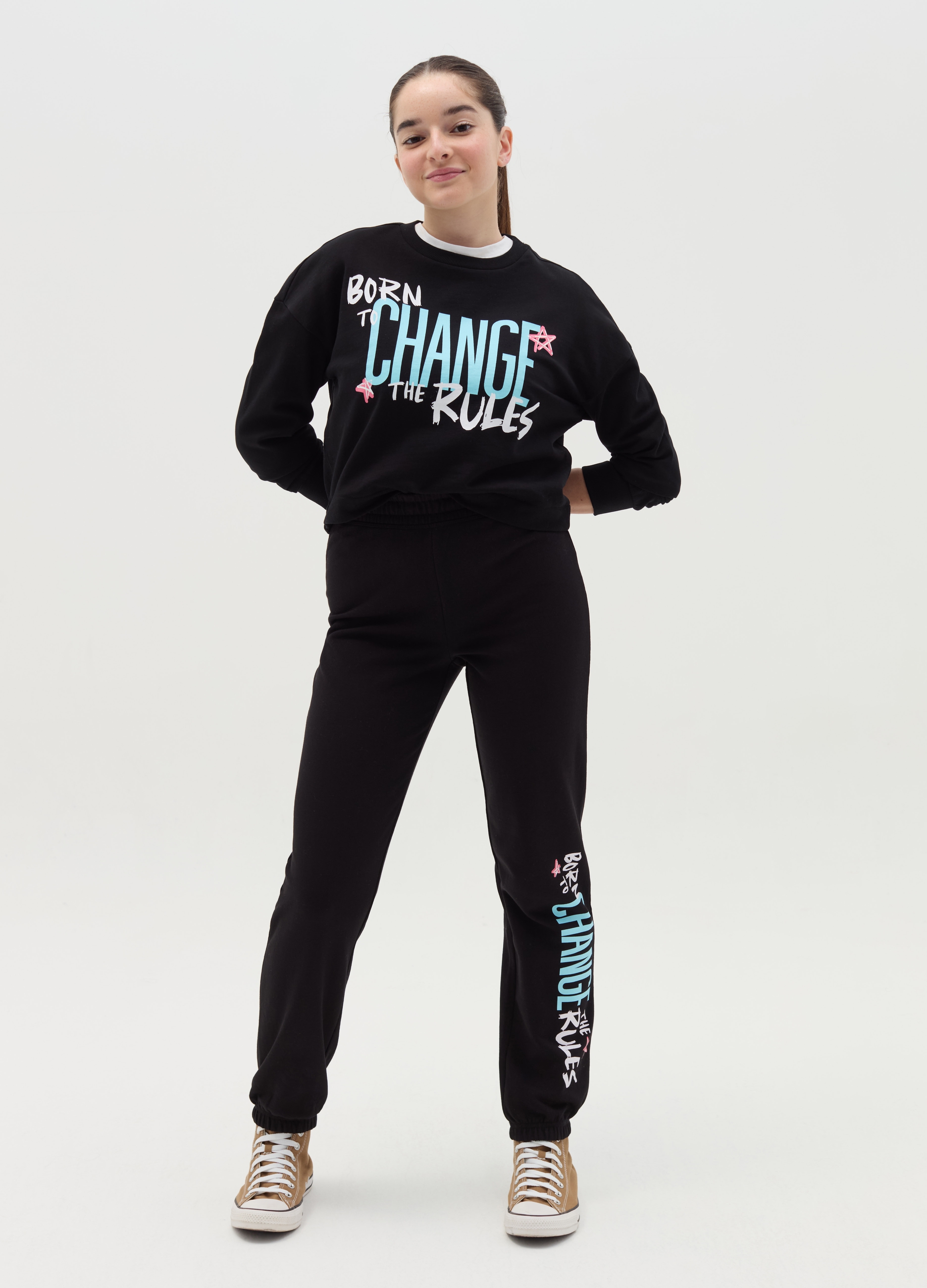 OVS KIDS, Joggers In Felpa Profili Elasticati E Stampa, Bambina, Nero, Taglia: 14-15