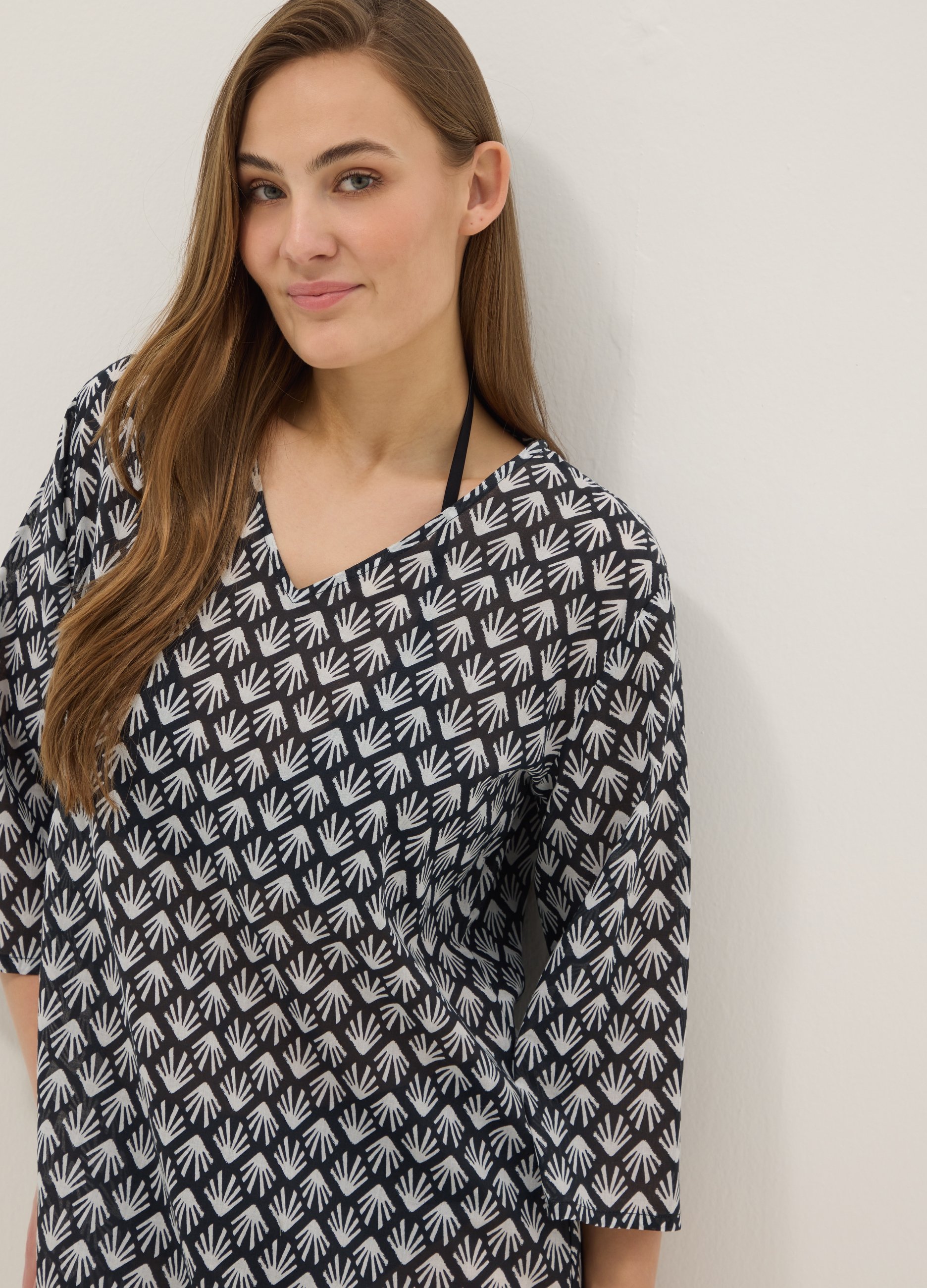 Salida De Baño De Algodón Puro Multicolor, Corte Regular, Con Escote En V, Mujer, Negro/Blanco, Talla: 40