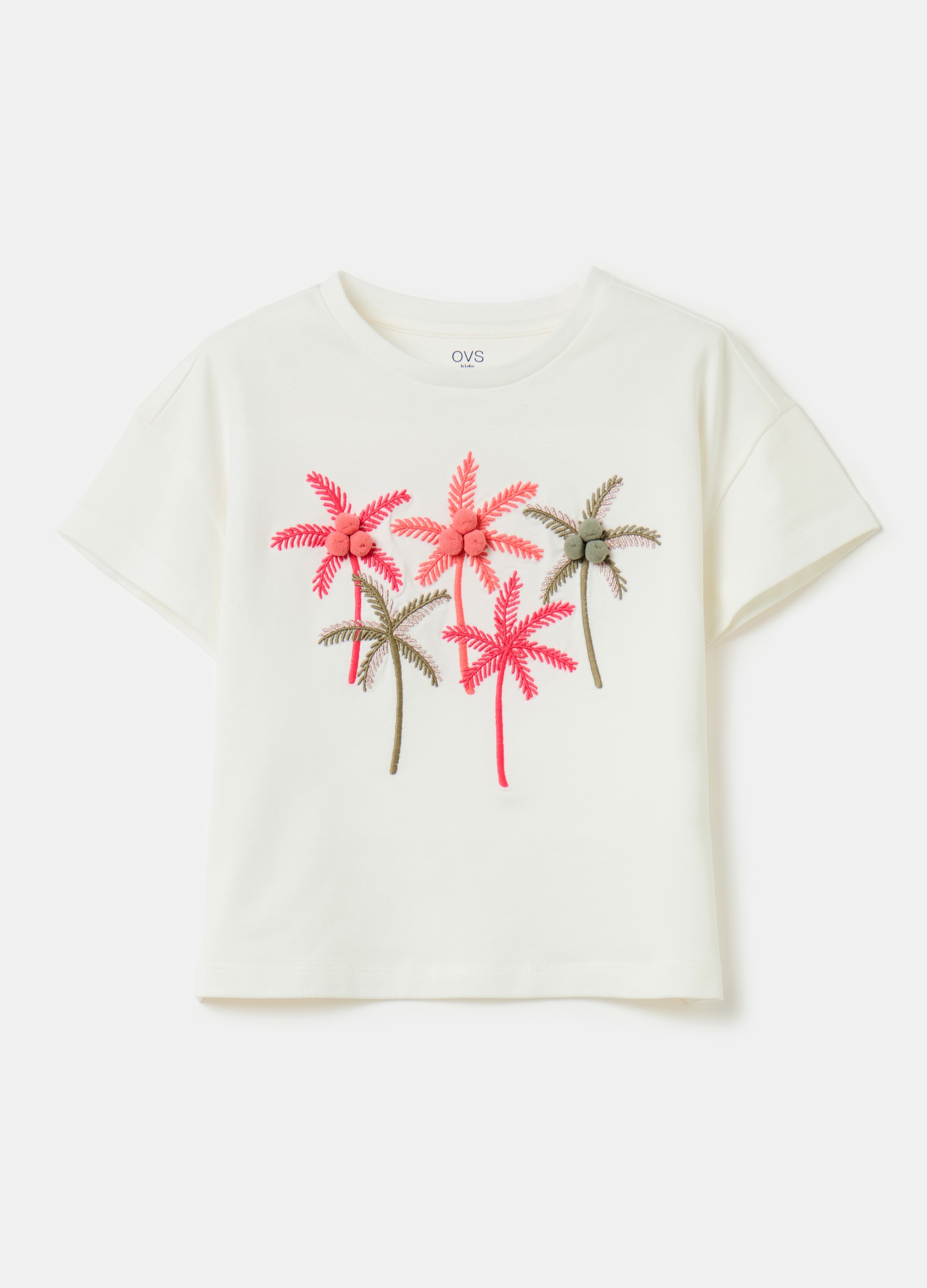 OVS, T-shirt Con Ricamo Palme E Applicazione, Bambina, Bianco, Taglia: 5-6