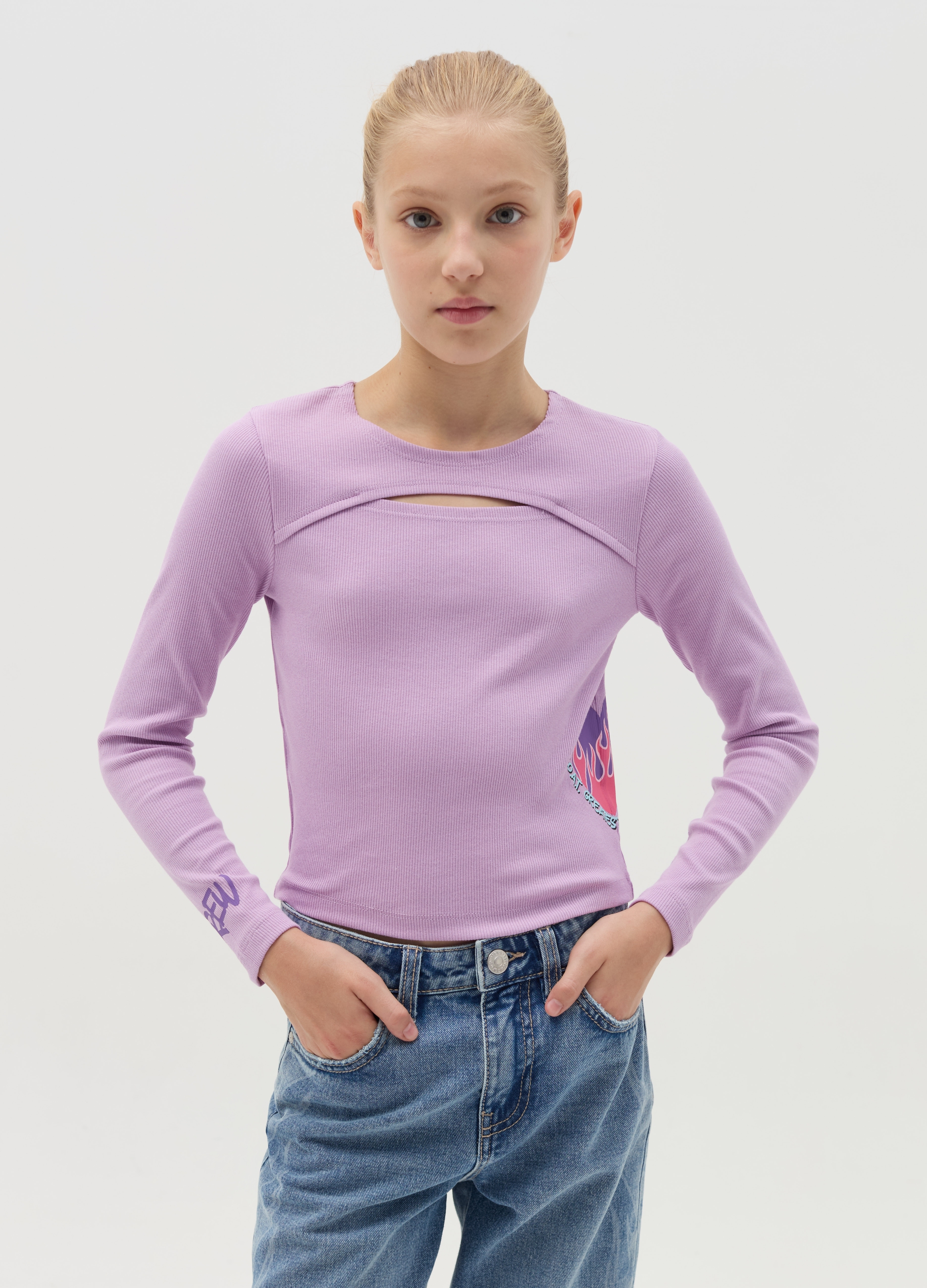 OVS KIDS, T-shirt Maniche Lunghe Con Dettaglio Cut-out, Bambina, Viola, Taglia: 12-13
