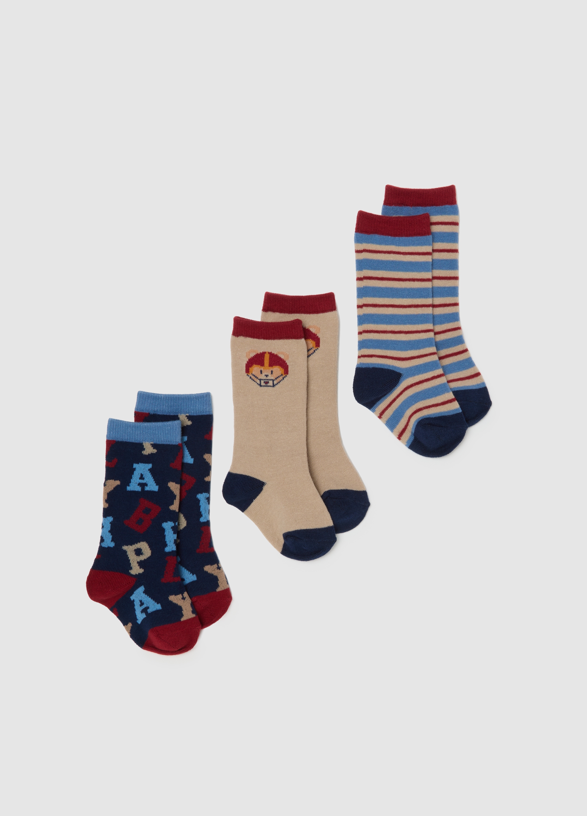 FAGOTTINO, Pack De Tres Calcetines Largos Para Bebé En Mezcla De Algodón Multicolor, Niño, Azul/beige, Talla: 6-12