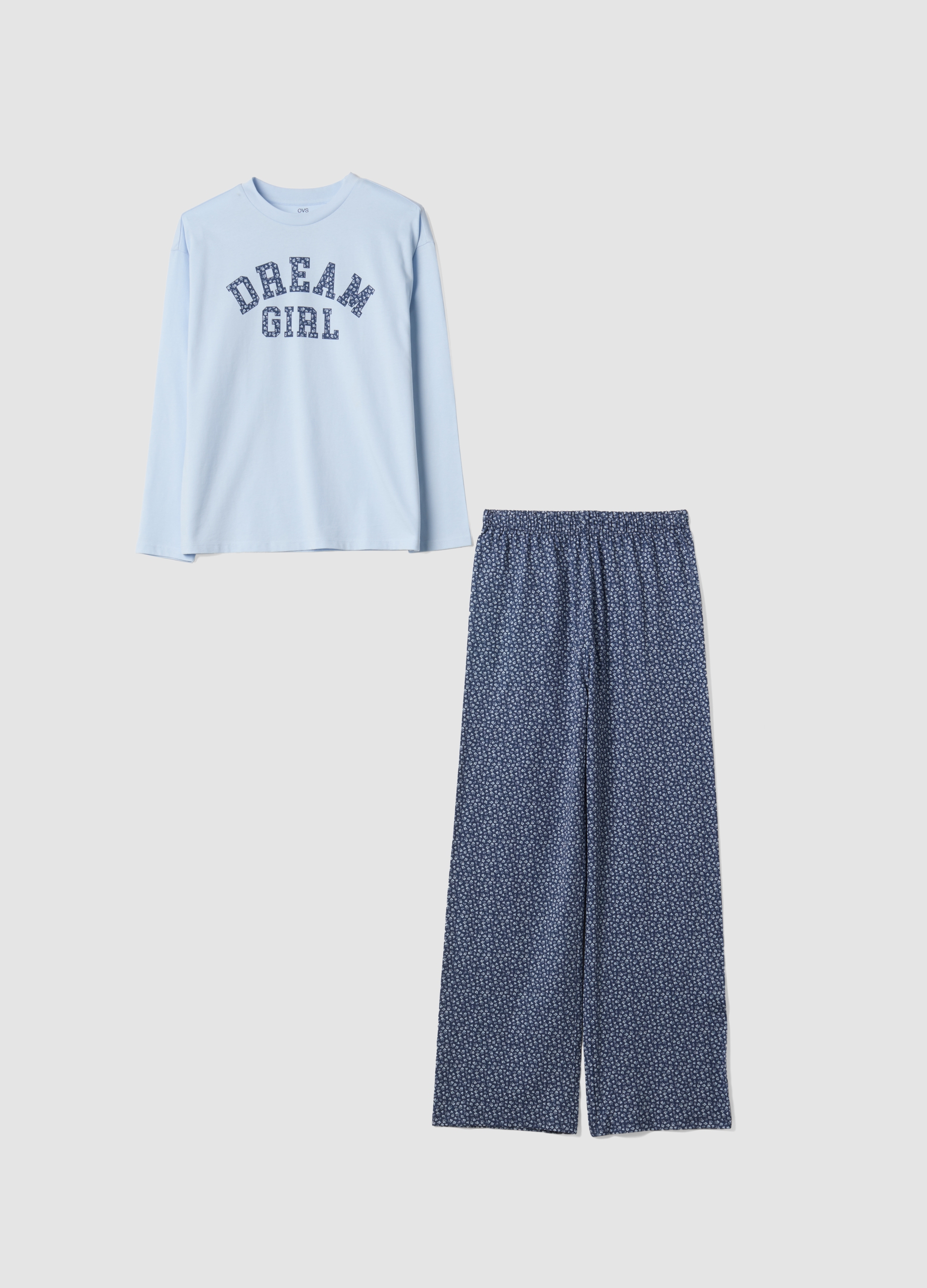 OVS KIDS, Pigiama Multicolor In Puro Cotone Organico Con Scritta Dream Girl, Bambina, Azzurro, Taglia: 14-15
