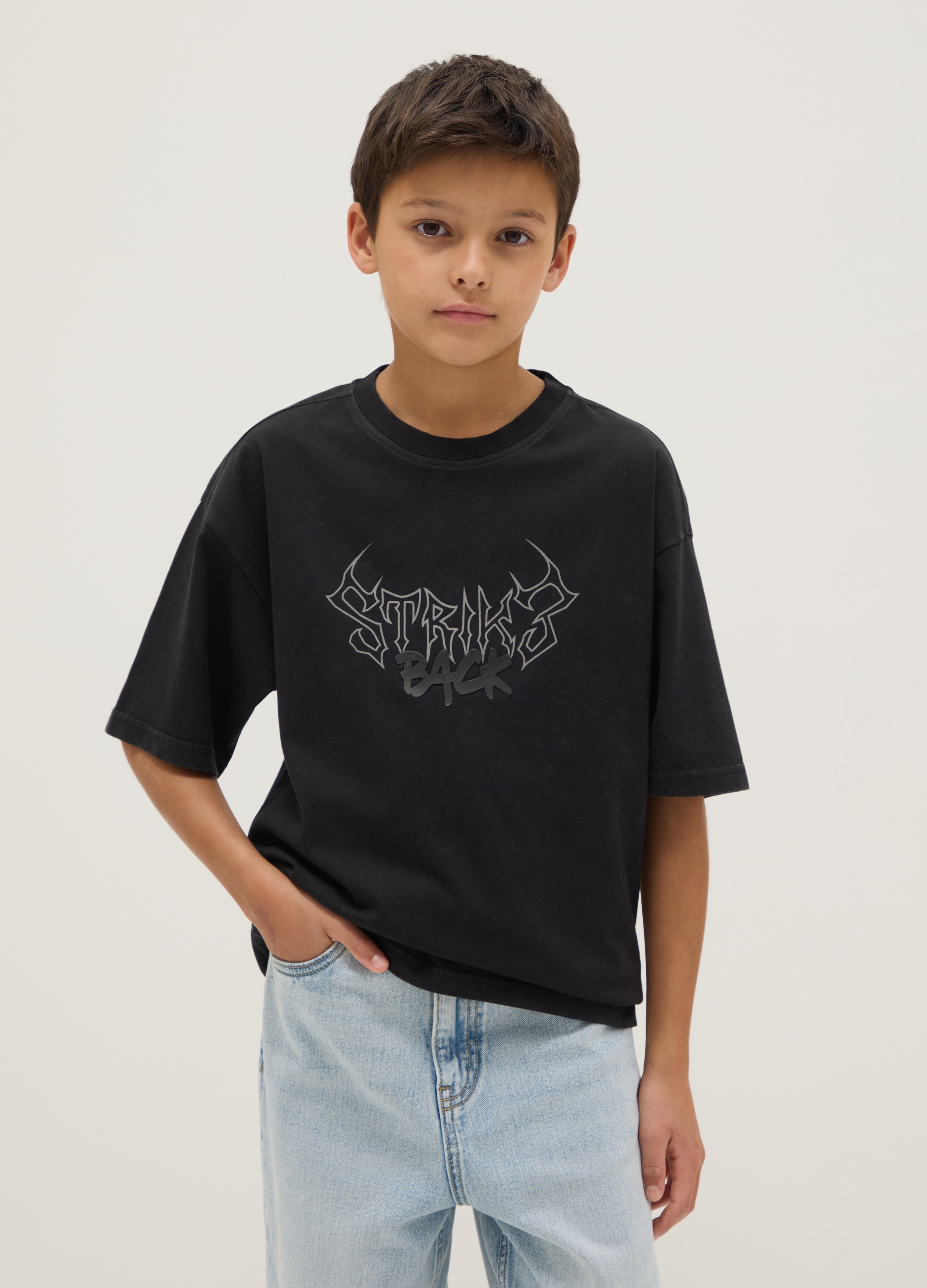 OVS KIDS, Camiseta De Niño En Puro Algodón Negro Oversize Con Estampado, Niño, Gunmetal, Talla: 10-11
