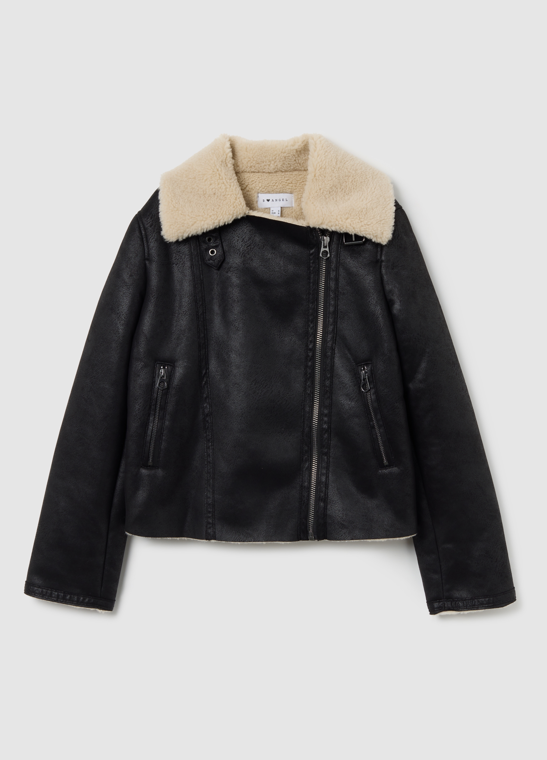 B.ANGEL, Chaqueta Biker Negra Acolchada, Ajuste Regular Con Cremallera, Mujer, Negro/Beige, Talla: M