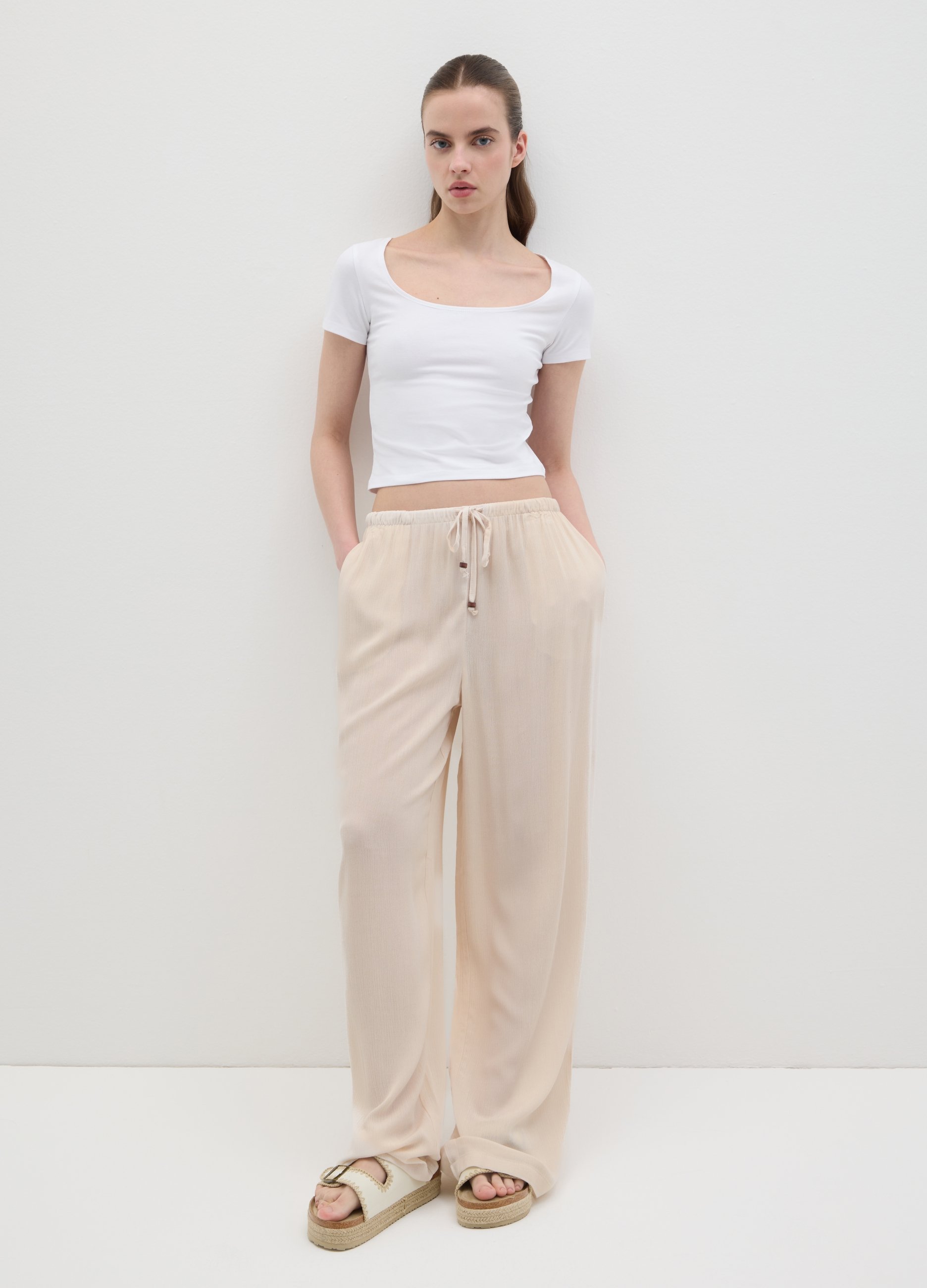 OVS, Pantaloni Da Donna In Puro Viscosa Beige Relaxed Fit, Beige, Taglia: XS