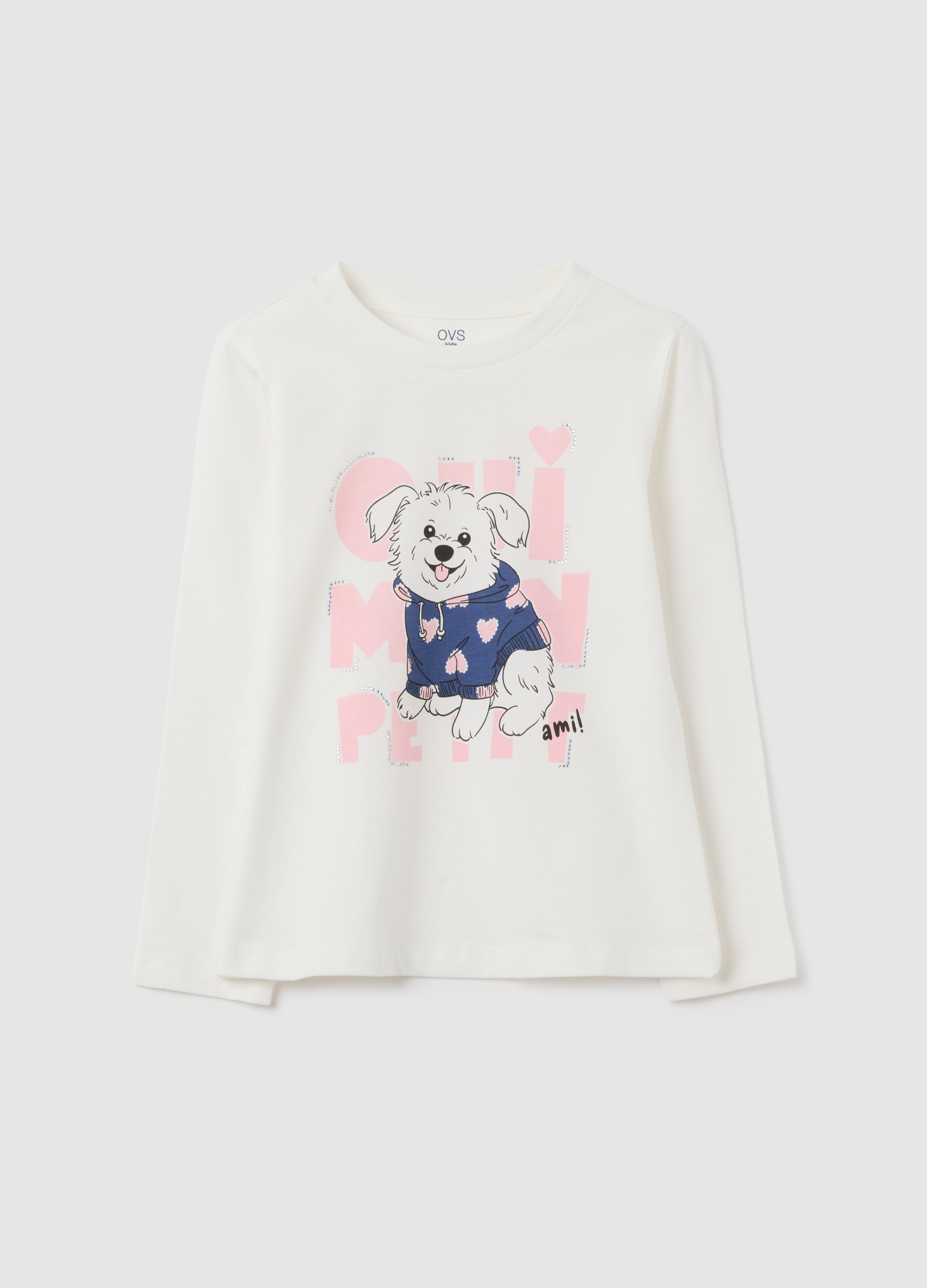Camiseta De Niña Blanca De Algodón Puro Con Estampado De Perro, Ajuste Regular, Niña, Blanco hielo, Talla: 5-6