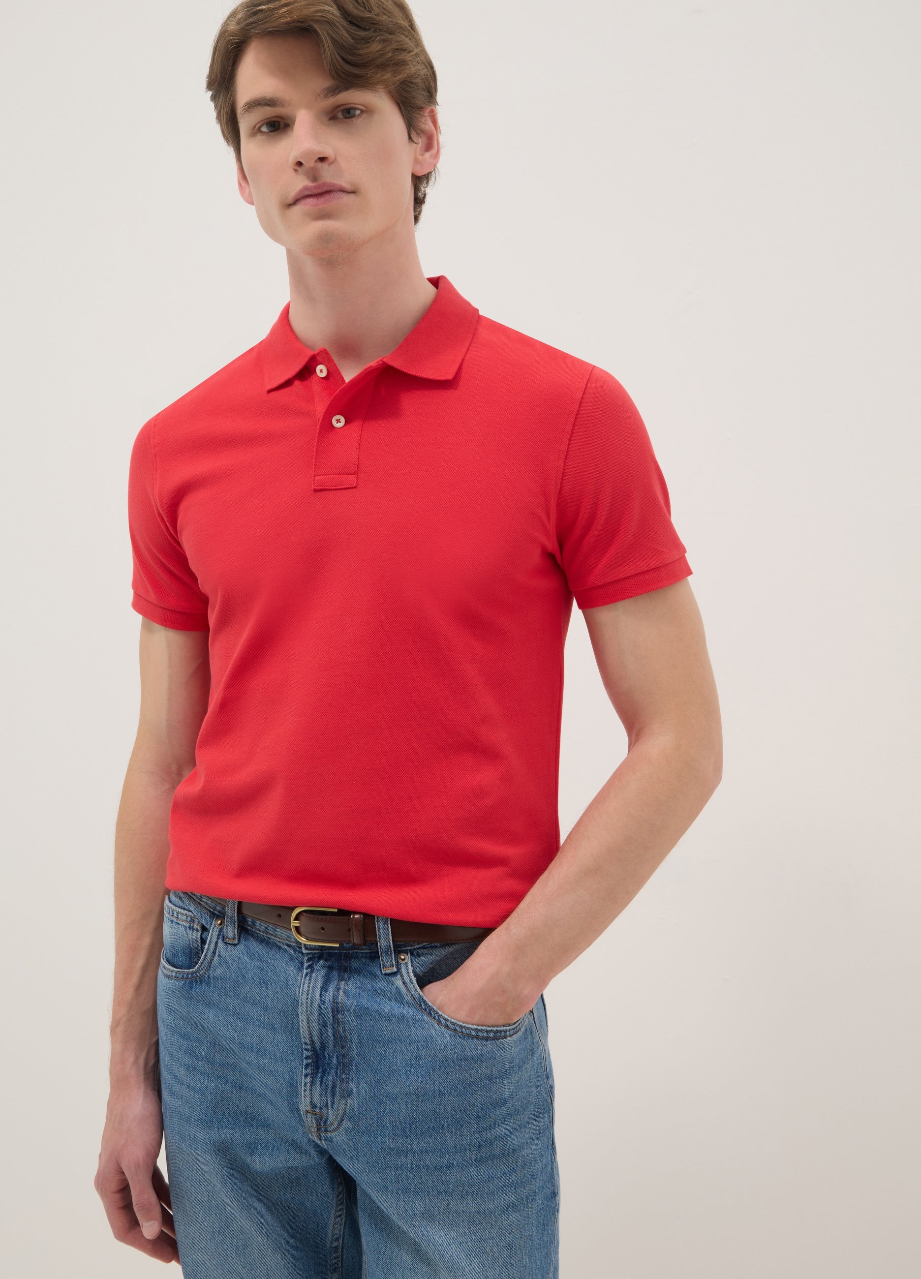 Polo De Manga Corta En Algodón Rojo De Ajuste Ajustado, Hombre, Rojo Cereza, Talla: M