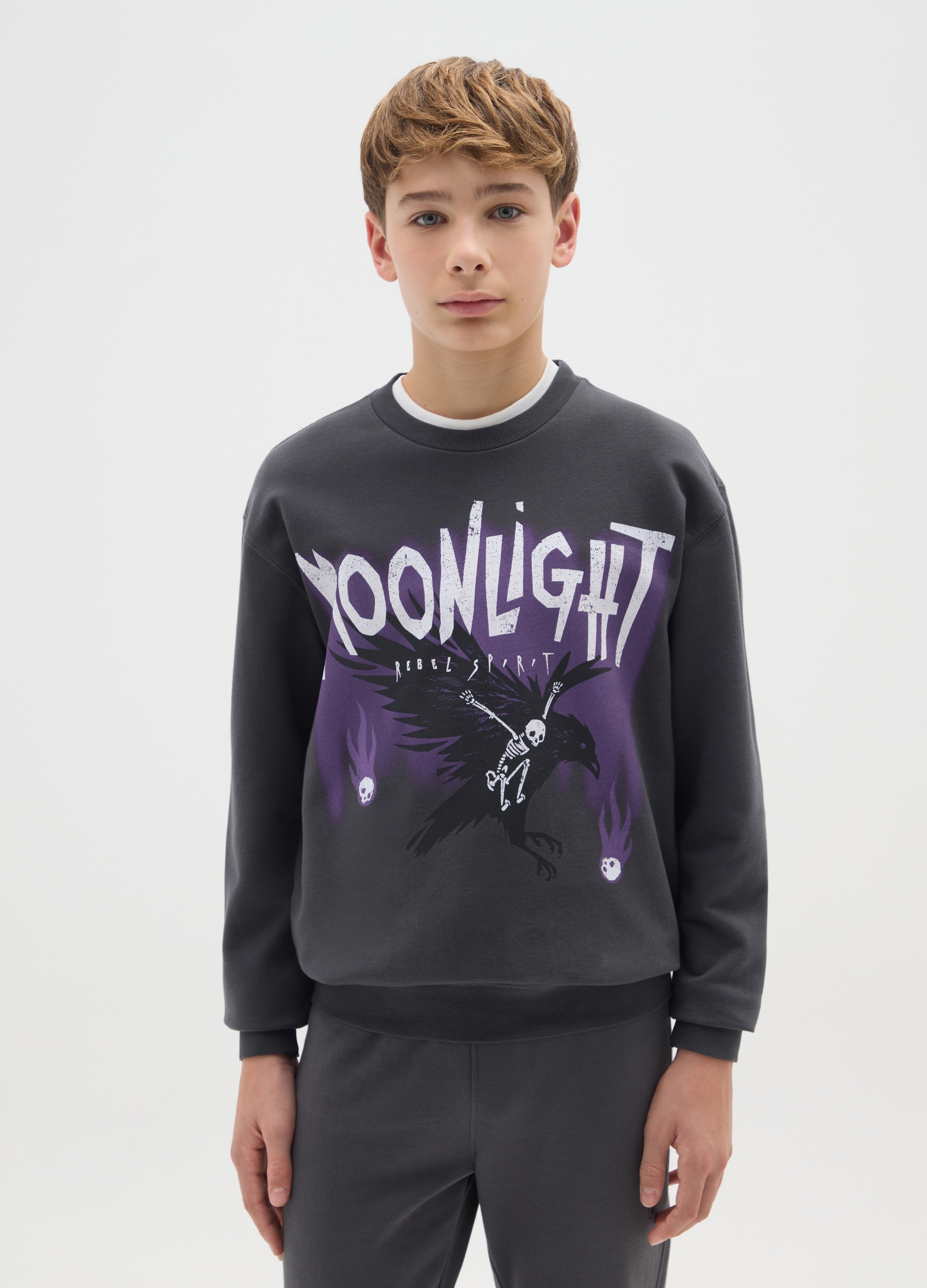 OVS KIDS, Felpa Grigio Scuro In Puro Cotone Con Stampa, Bambino, Grigio, Taglia: 12-13