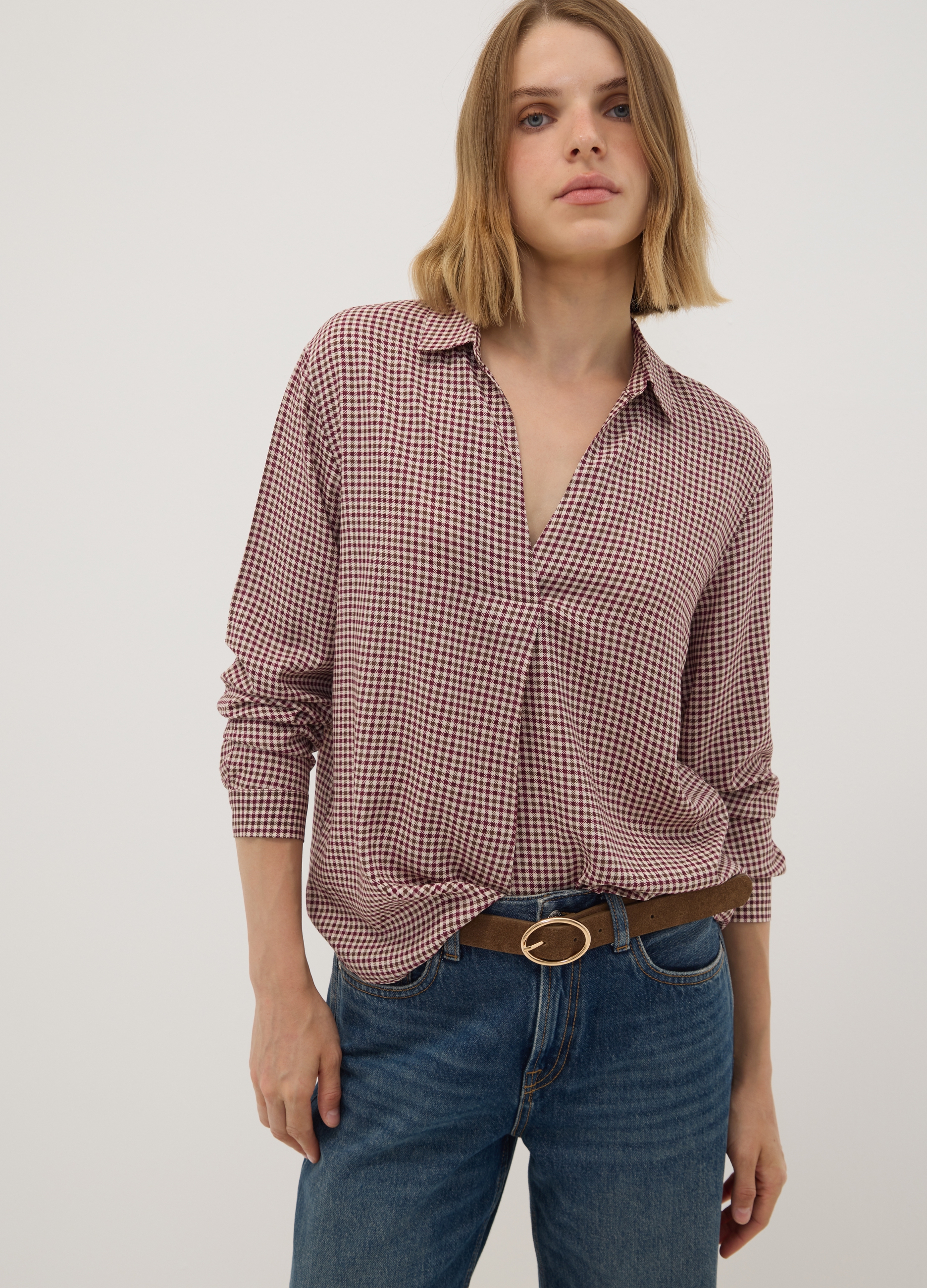OVS, Camicia Marrone A Quadretti In Pura Viscosa Con Colletto Classico Regular Fit, Donna, Marrone, Taglia: 42