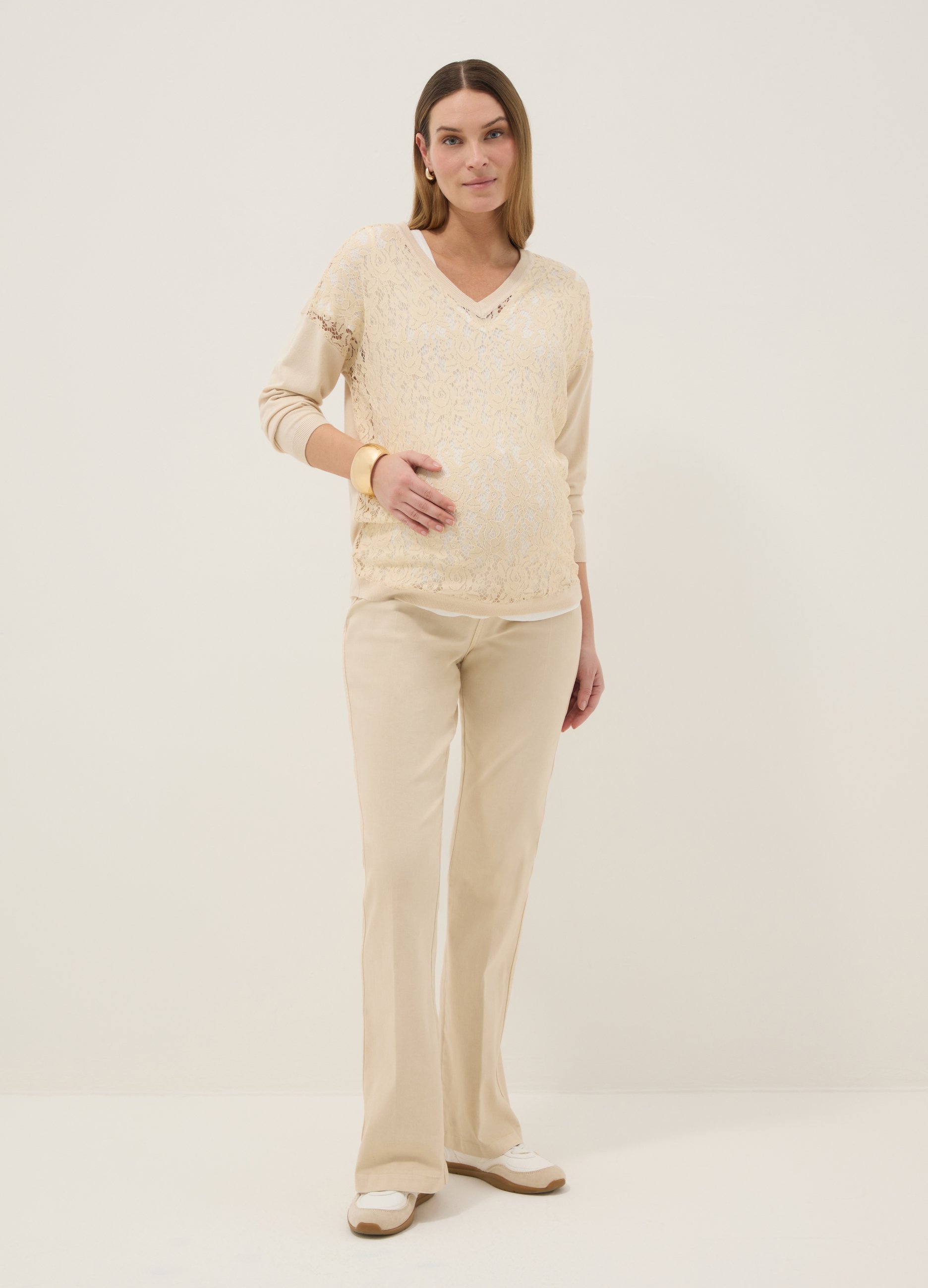 NICOL CARAMEL, Maglione Premaman Beige In Misto Viscosa Con Lavorazione In Pizzo, Donna, Beige, Taglia: S