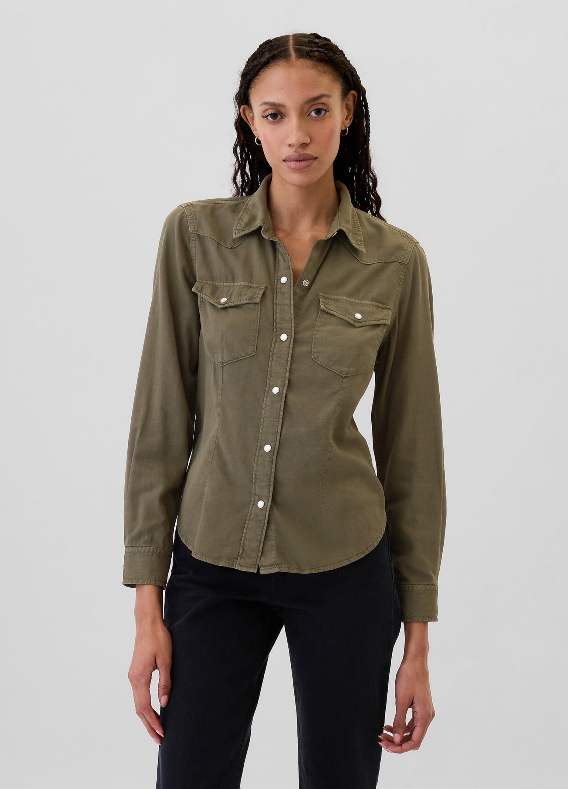 GAP, Camicia Western In Denim Con Bottoni Perlati, Donna, Verde, Taglia: XS