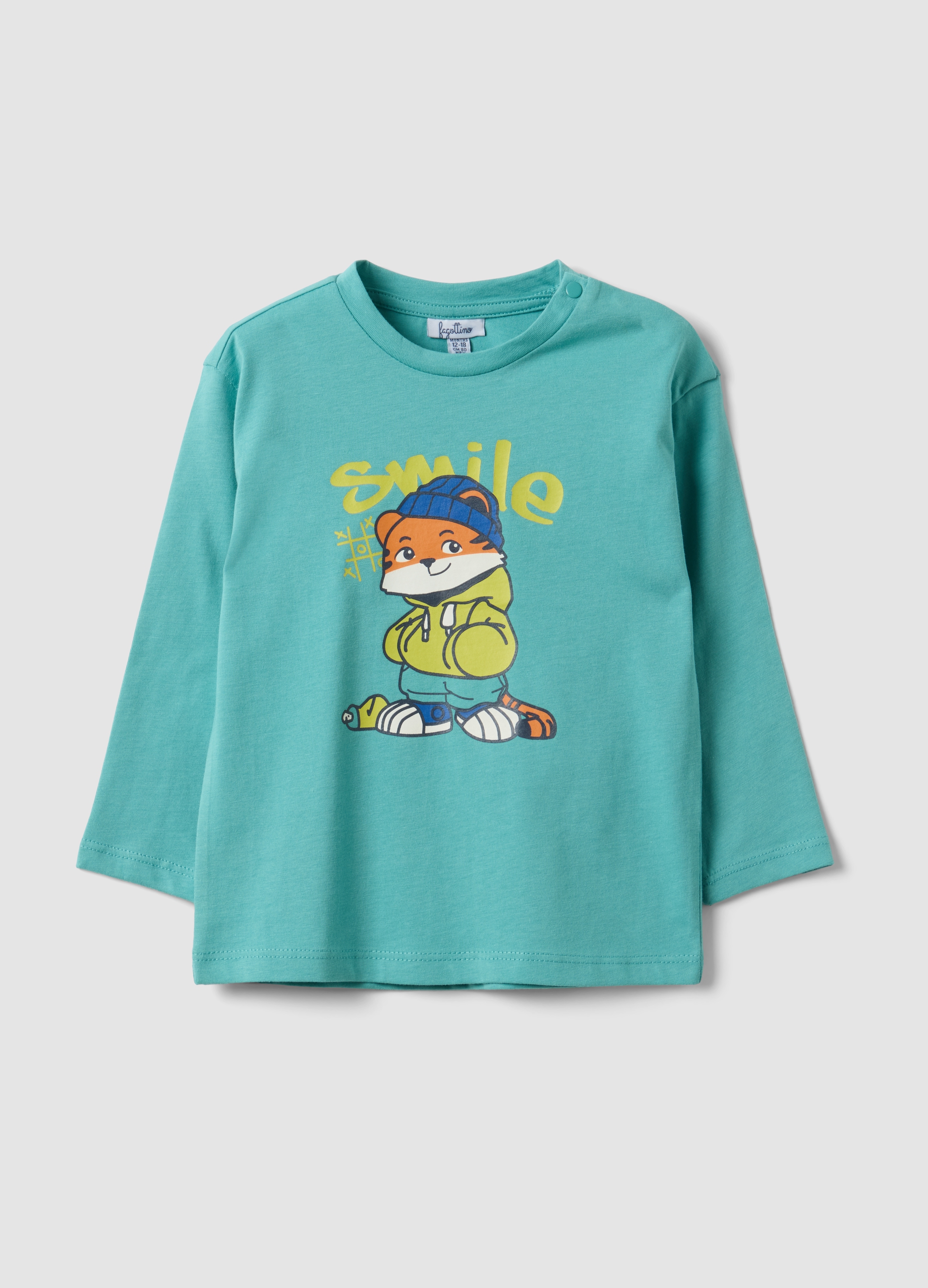 FAGOTTINO, T-shirt Over Fit Azzurra In Puro Cotone Organico Con Stampa Tigre Per Bimbo, Bambino, Azzurro, Taglia: 18-24