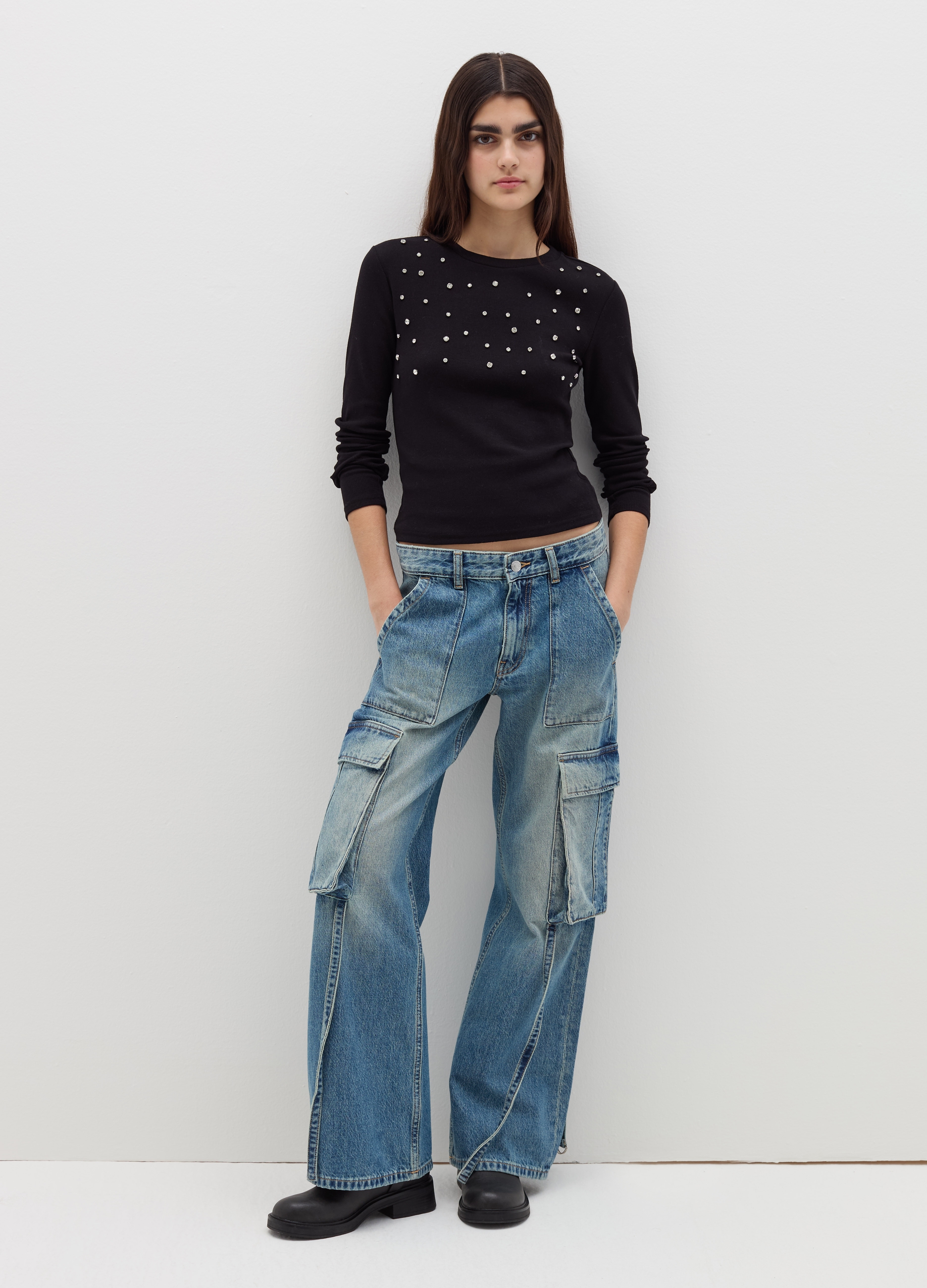 B.ANGEL, Camiseta De Manga Larga Con Strass, Mujer, Negro, Talla: 36