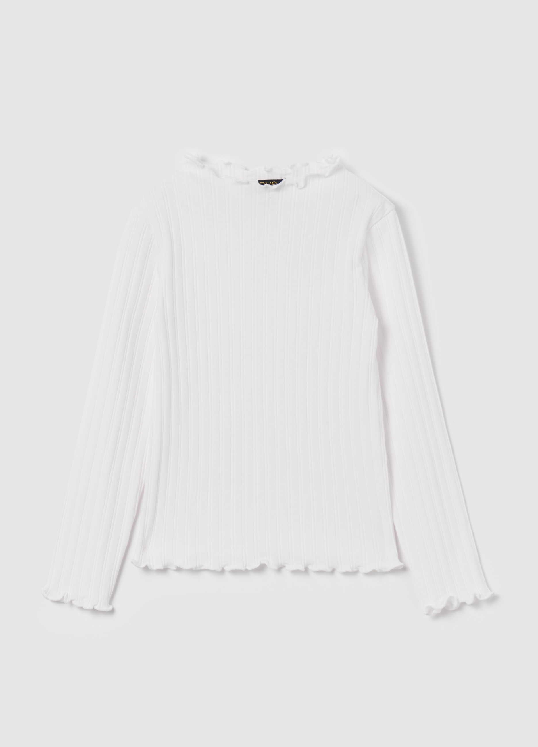 Camiseta Manga Larga En Canalé Ribetes Ondulados, Niña, Blanco óptico, Talla: 4-5