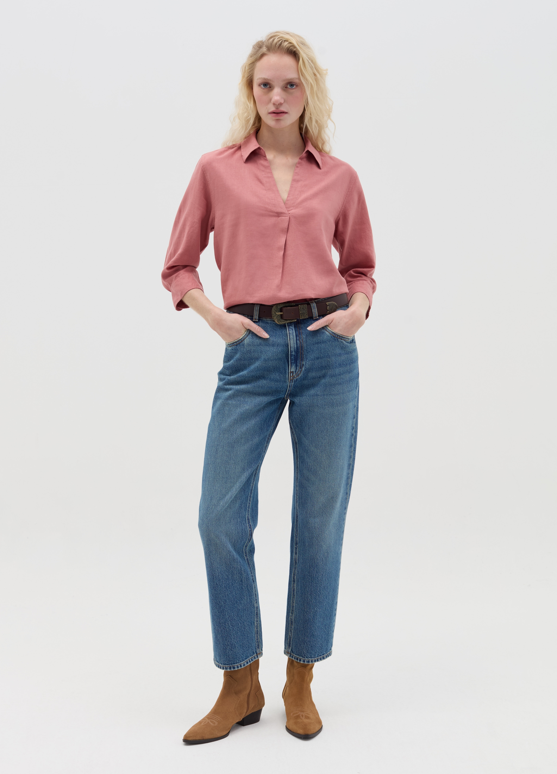 OVS , Camicia Rosa In Lino E Viscosa, Donna, Rosa, Taglia: XS