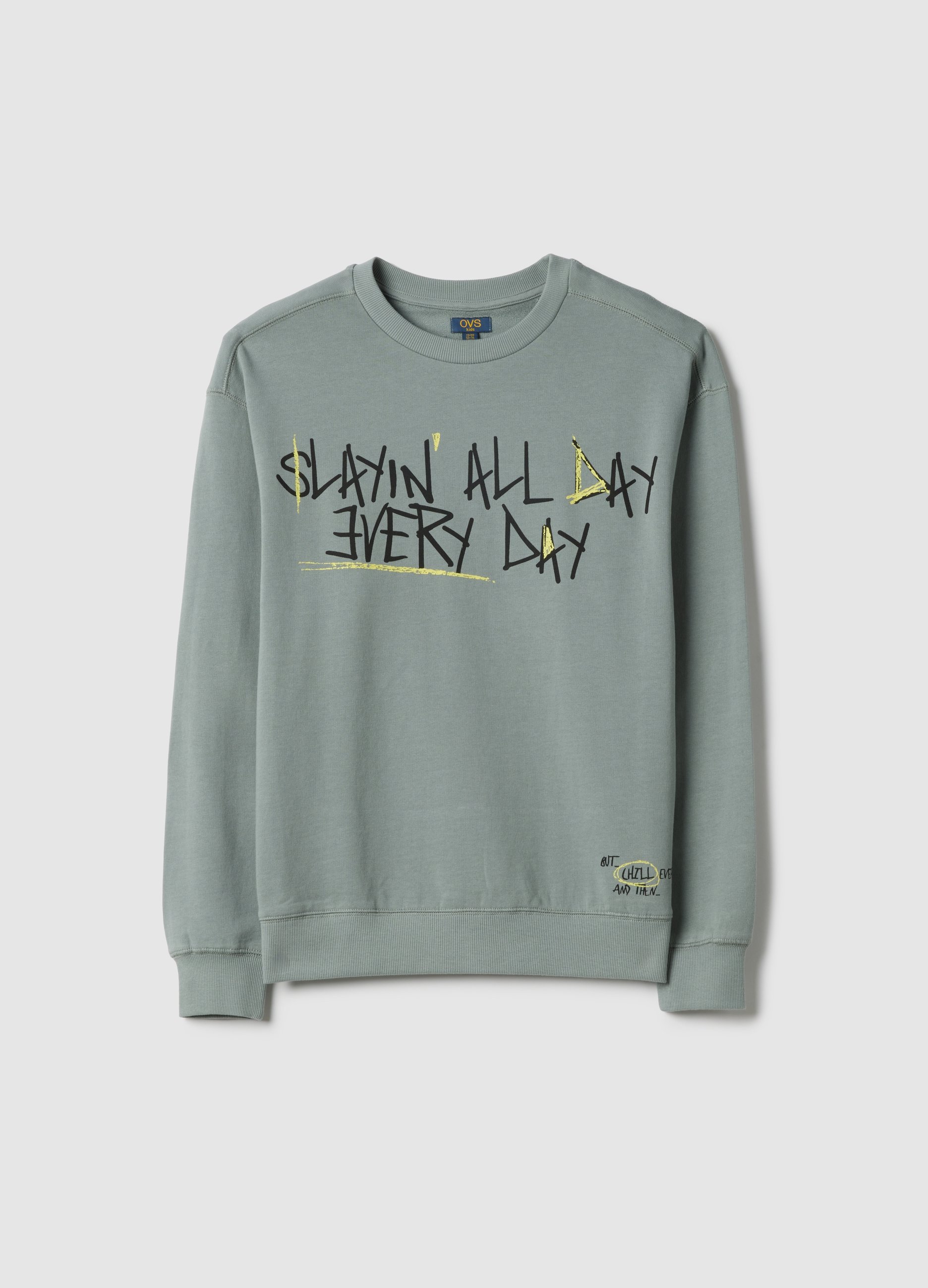 OVS KIDS, Sudadera Verde De Algodón Puro Para Niño Con Ajuste Relajado Y Texto, Niño, Verde claro, Talla: 14-15