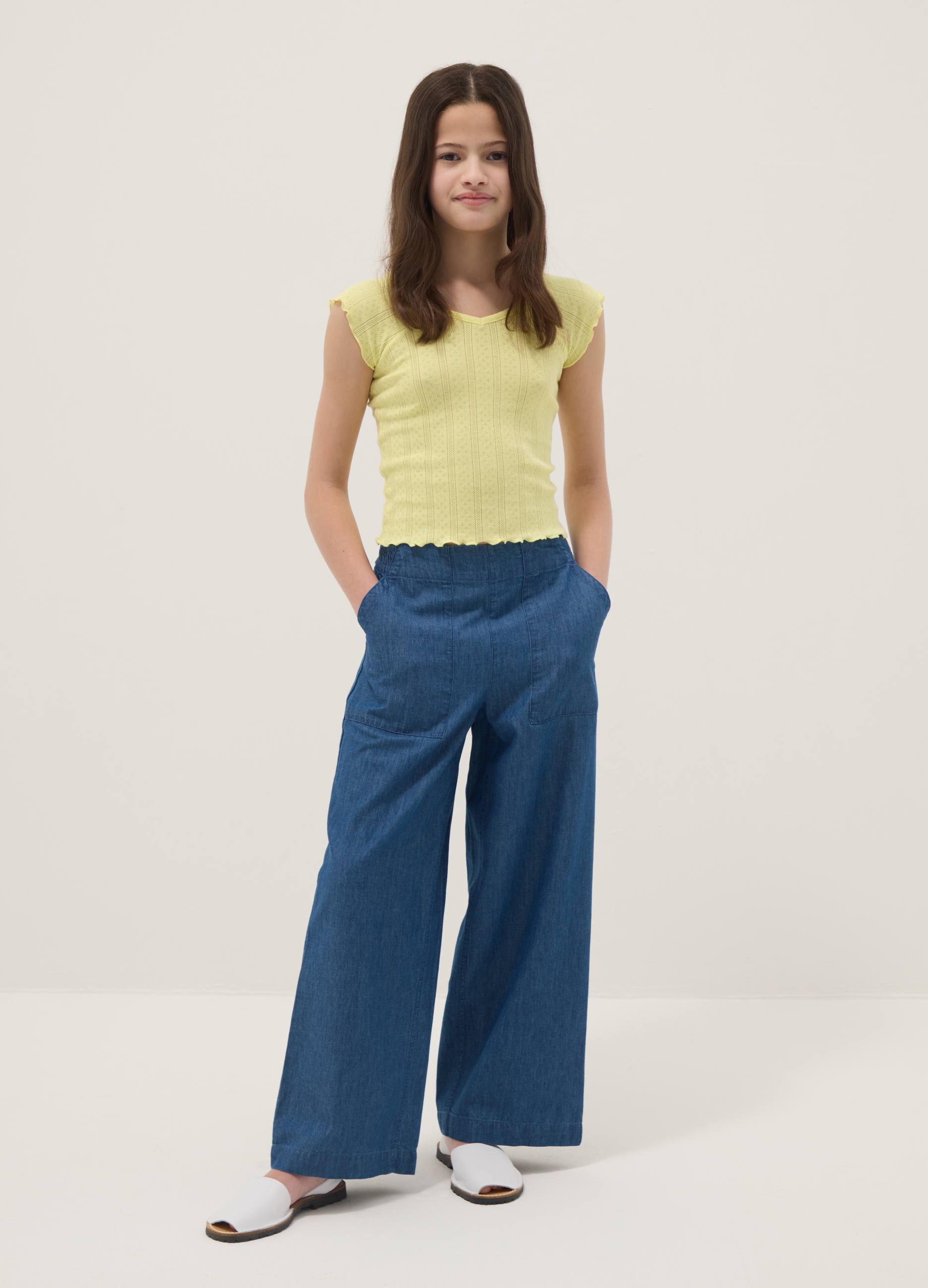 REPUBLIC OF DENIM, Pantaloni In Puro Cotone Denim Blu Da Ragazza Wide Leg, Bambina, Denim, Taglia: 11-12