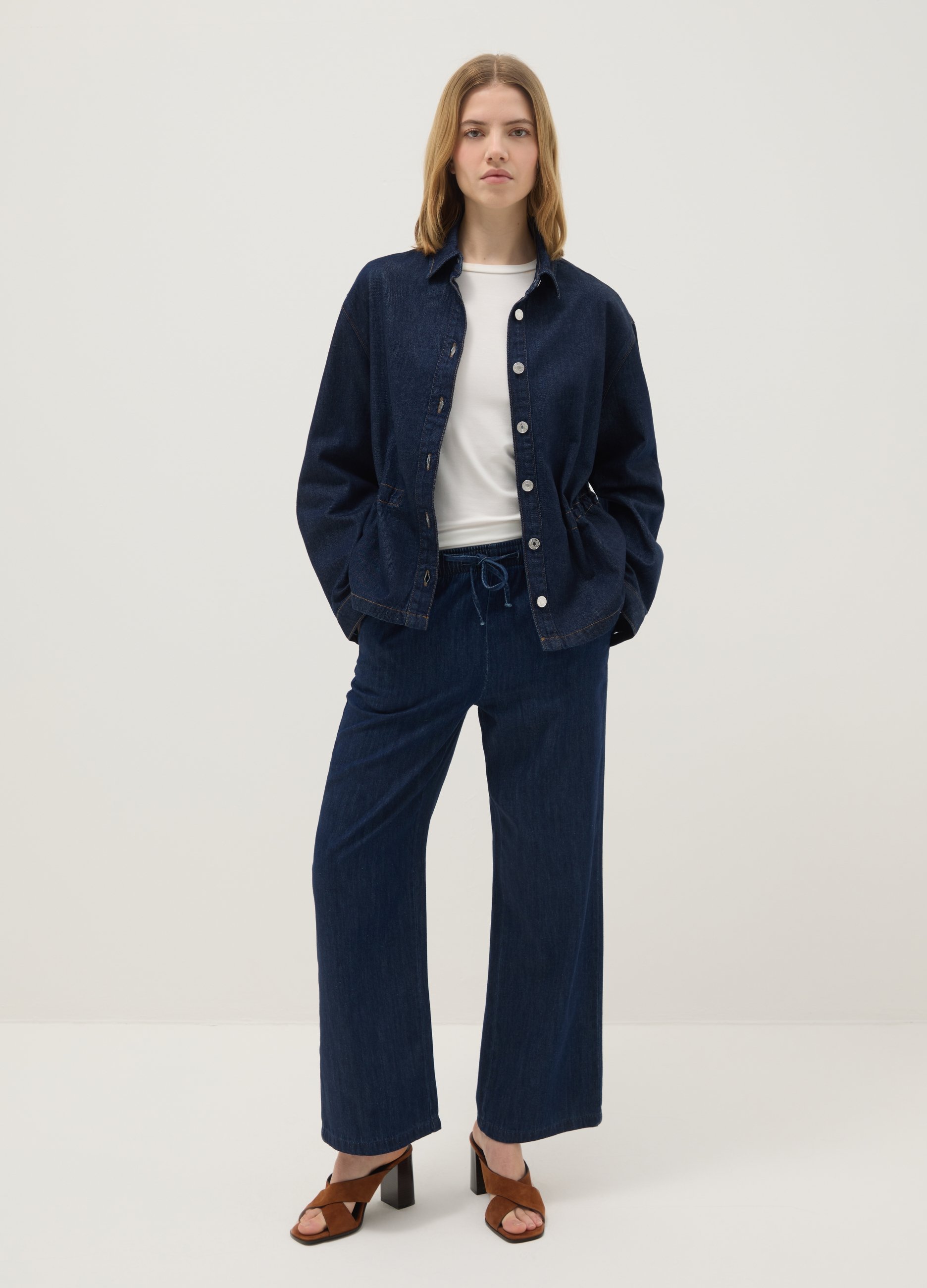 Pantalones Denim Azul De Pierna Ancha De Algodón Puro Con Cintura Elástica, Mujer, Azul oscuro, Talla: 34