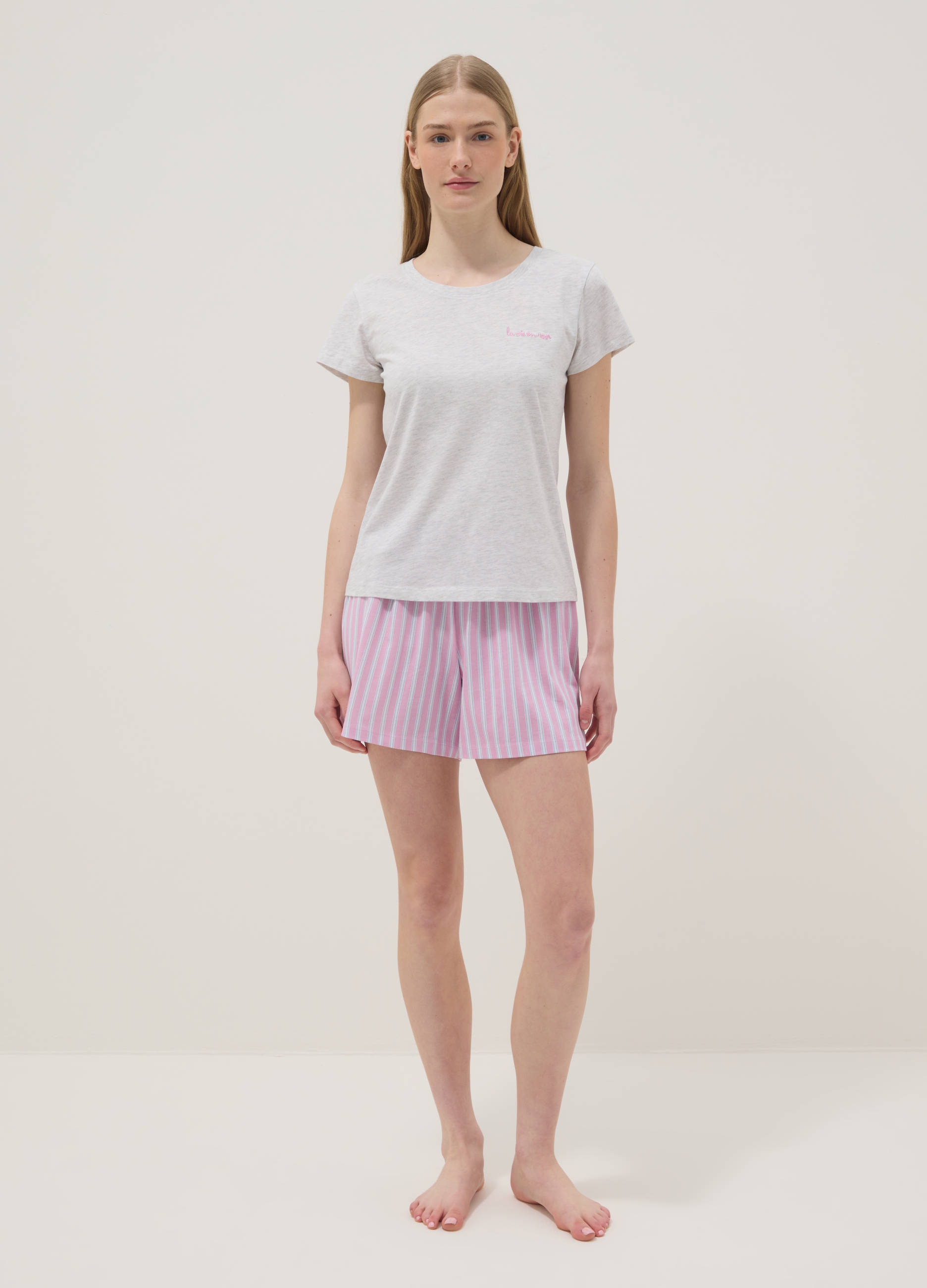 Pijama Corto De Algodón Elástico Con Rayas Multicolores, Ajuste Regular, Mujer, Gris/rosa, Talla: L