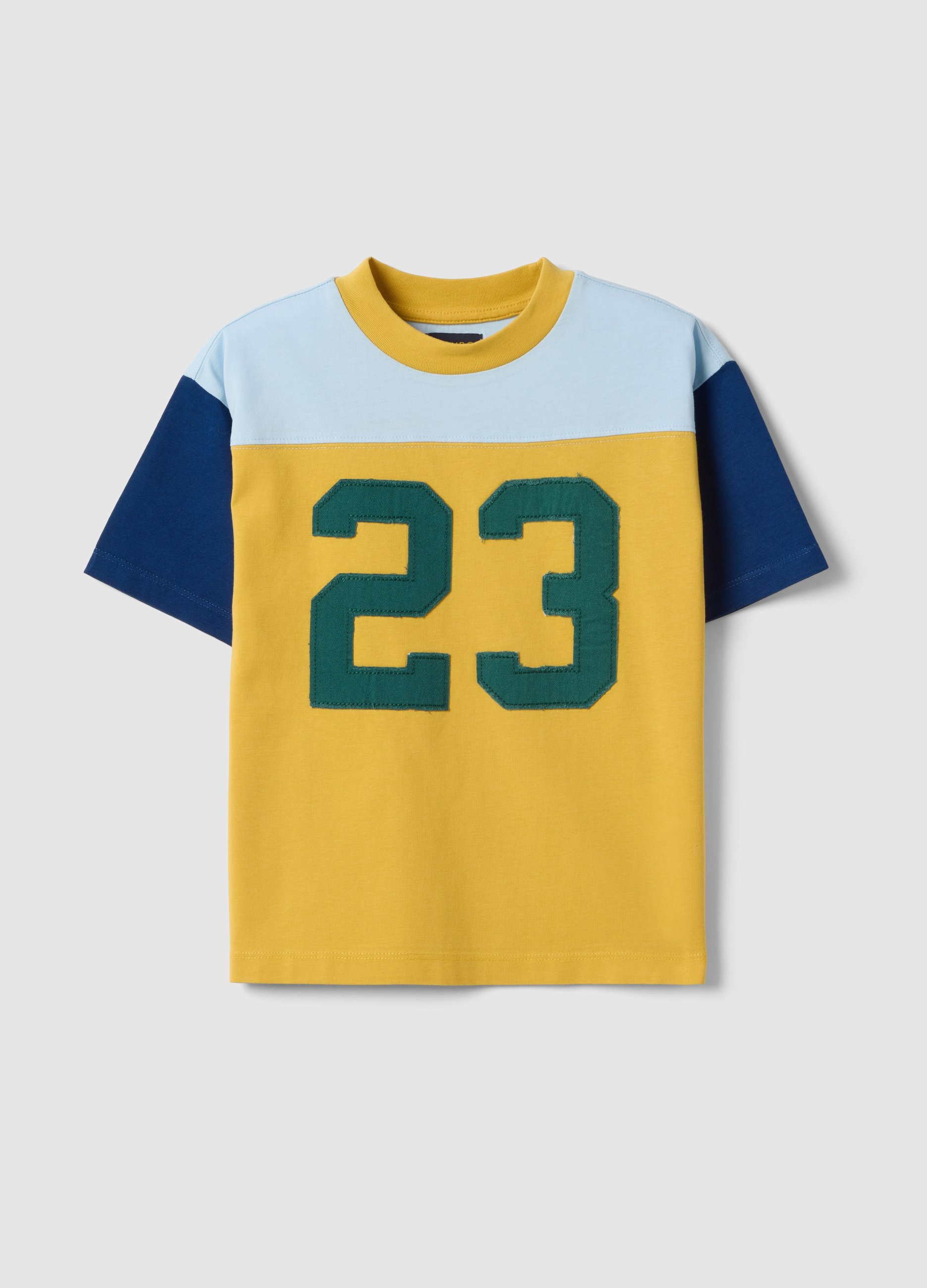 PIOMBO KIDS, Camiseta Infantil De Algodón Puro Multicolor Corte Regular Con Número 23, Niño, White/Blue/Yellow/Blue, Talla: 8