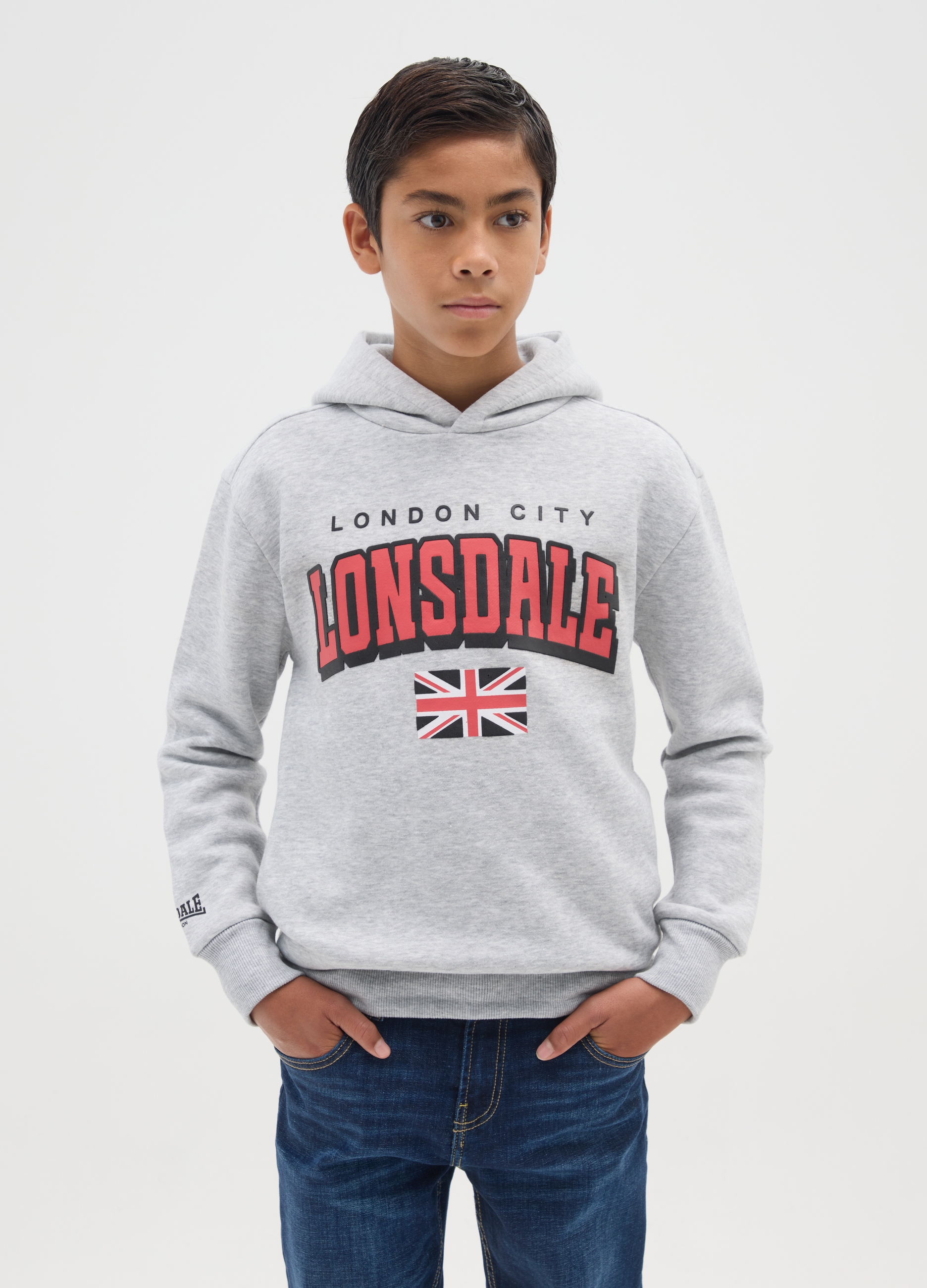 LONSDALE, Felpa Da Bambino In Misto Cotone Grigia Regular Fit Con Cappuccio, Grigio, Taglia: 11-12