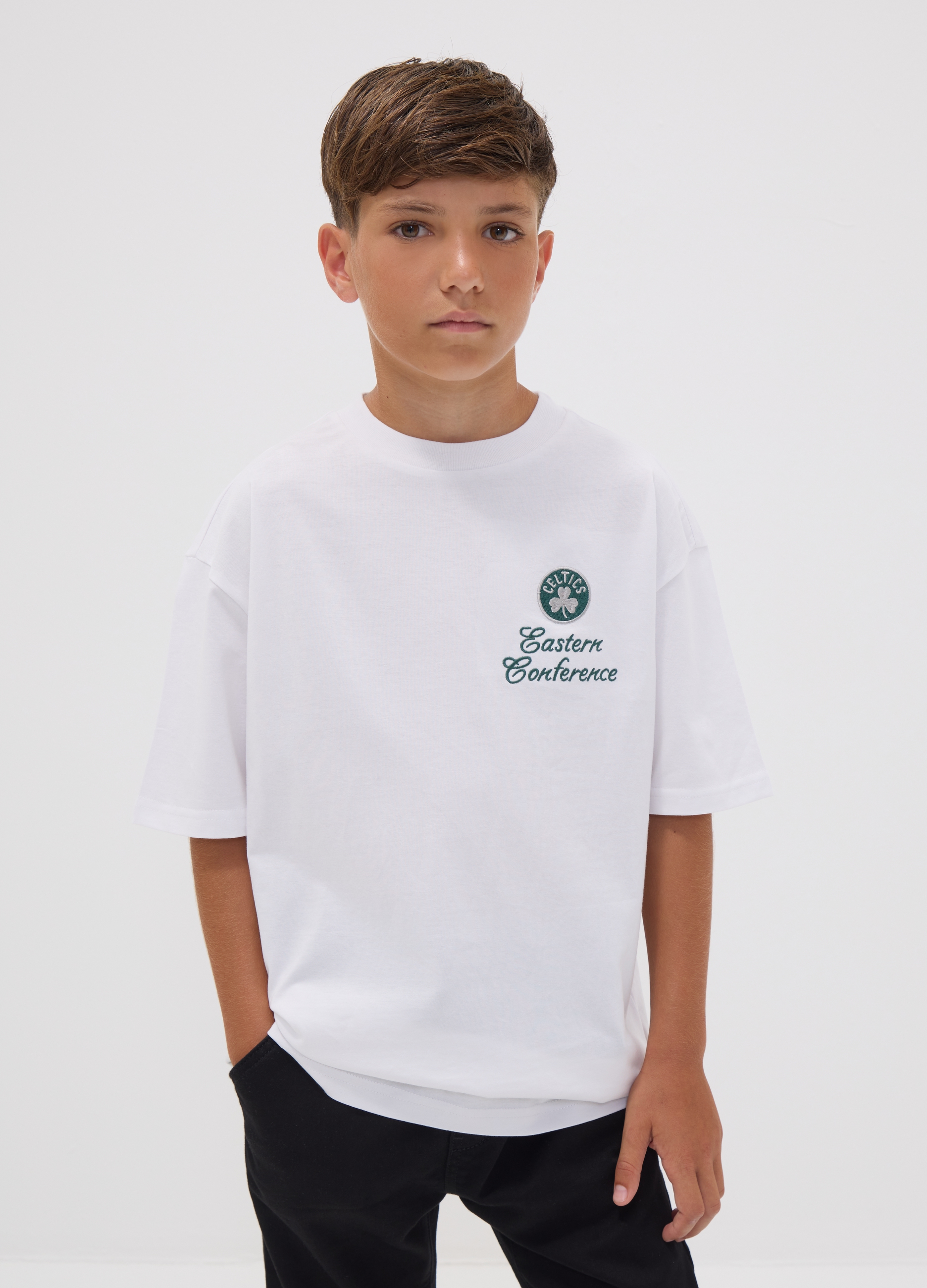 NBA, T-shirt Bianca In Puro Cotone Con Stampa Celtics Per Ragazzo, Bambino, Bianco, Taglia: 12-13