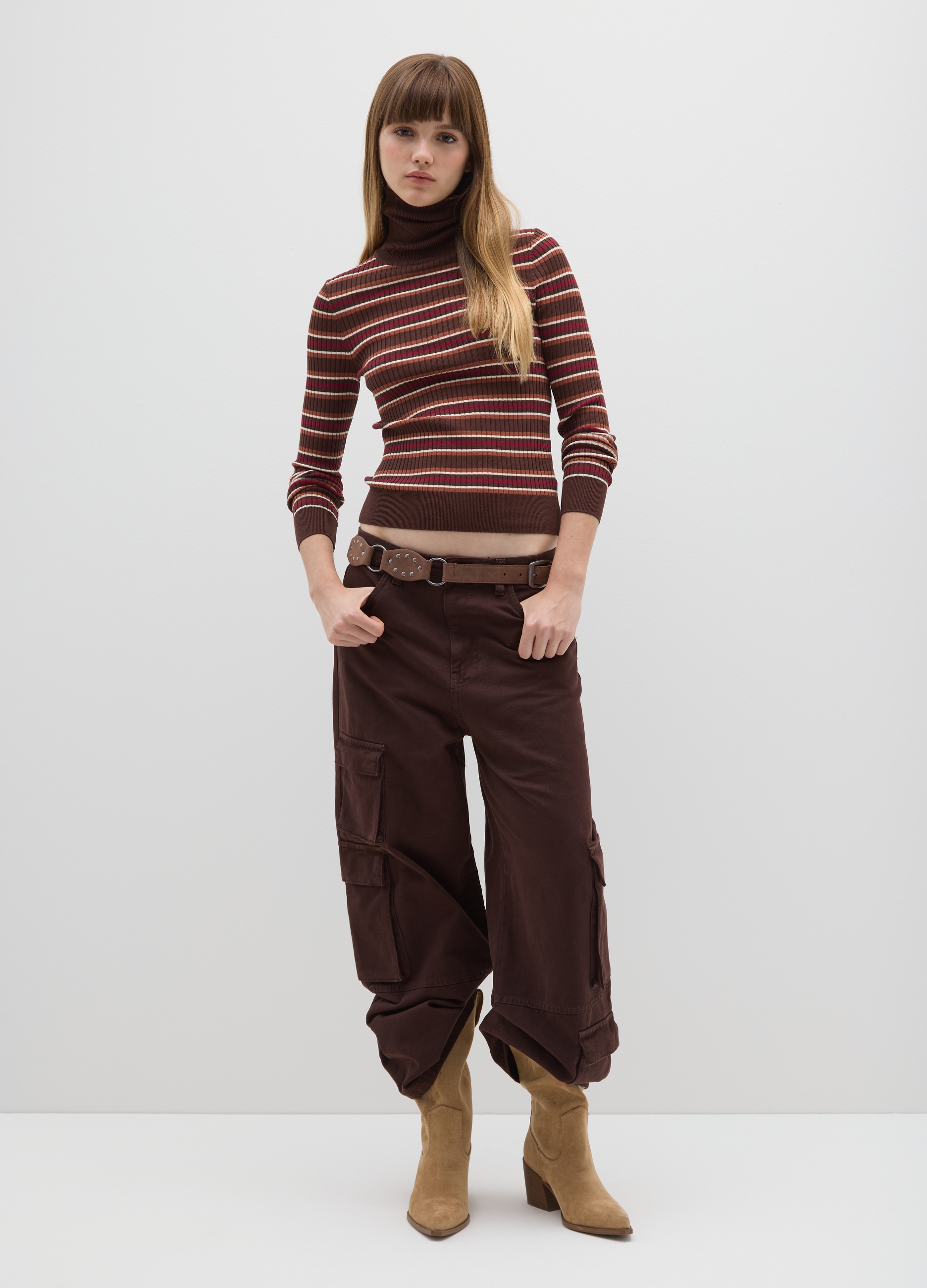 B.ANGEL, Maglia A Righe Marrone Con Collo Alto In Misto Viscosa, Donna, Multicolor, Taglia: S