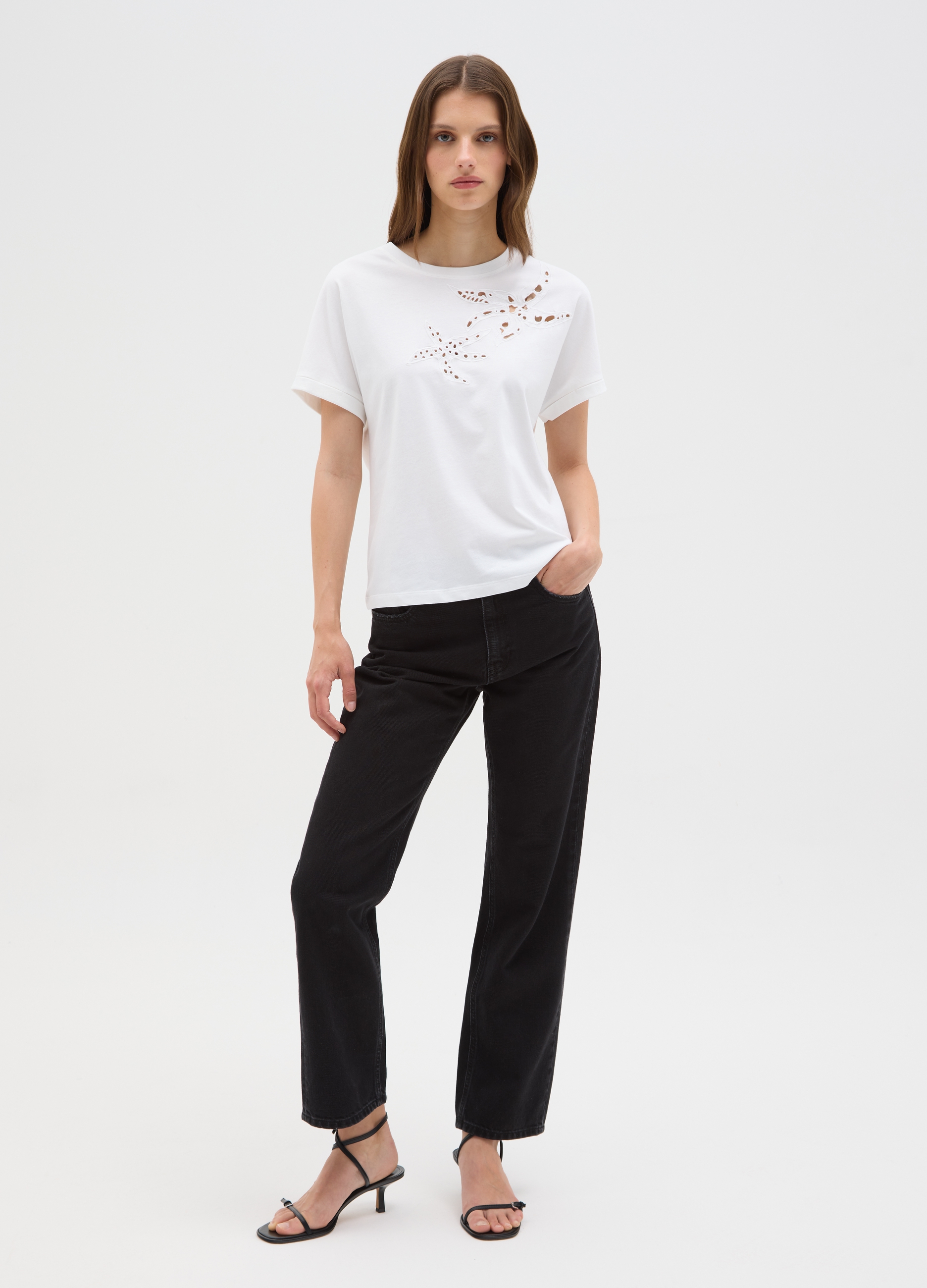 OVS , T-shirt Da Donna In Puro Cotone Bianca Regular Fit Con Ricami, Bianco, Taglia: L