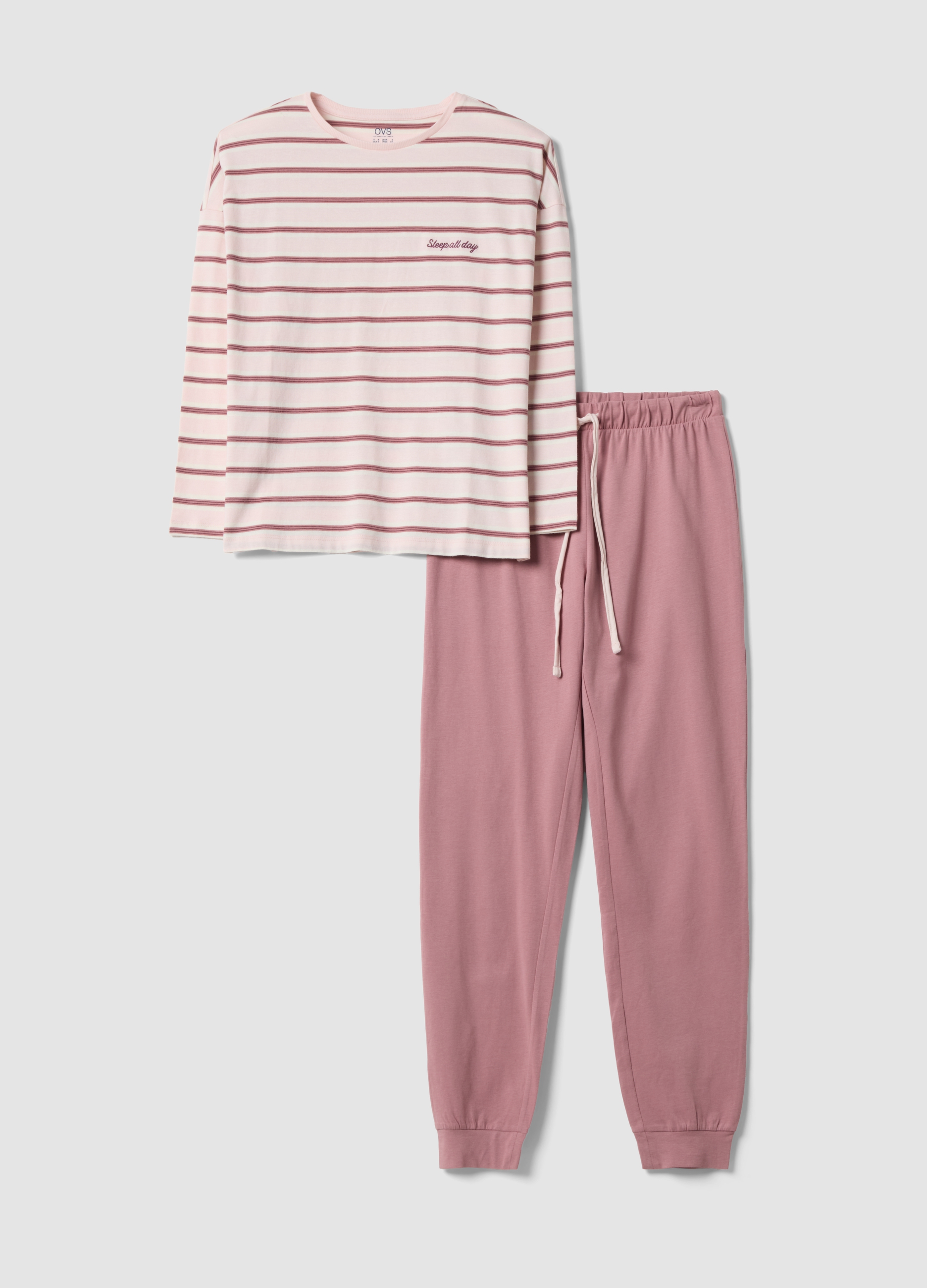 OVS, Pigiama Rosa In Puro Cotone Organico Con Girocollo E A Righe, Donna, Rosa, Taglia: XXL