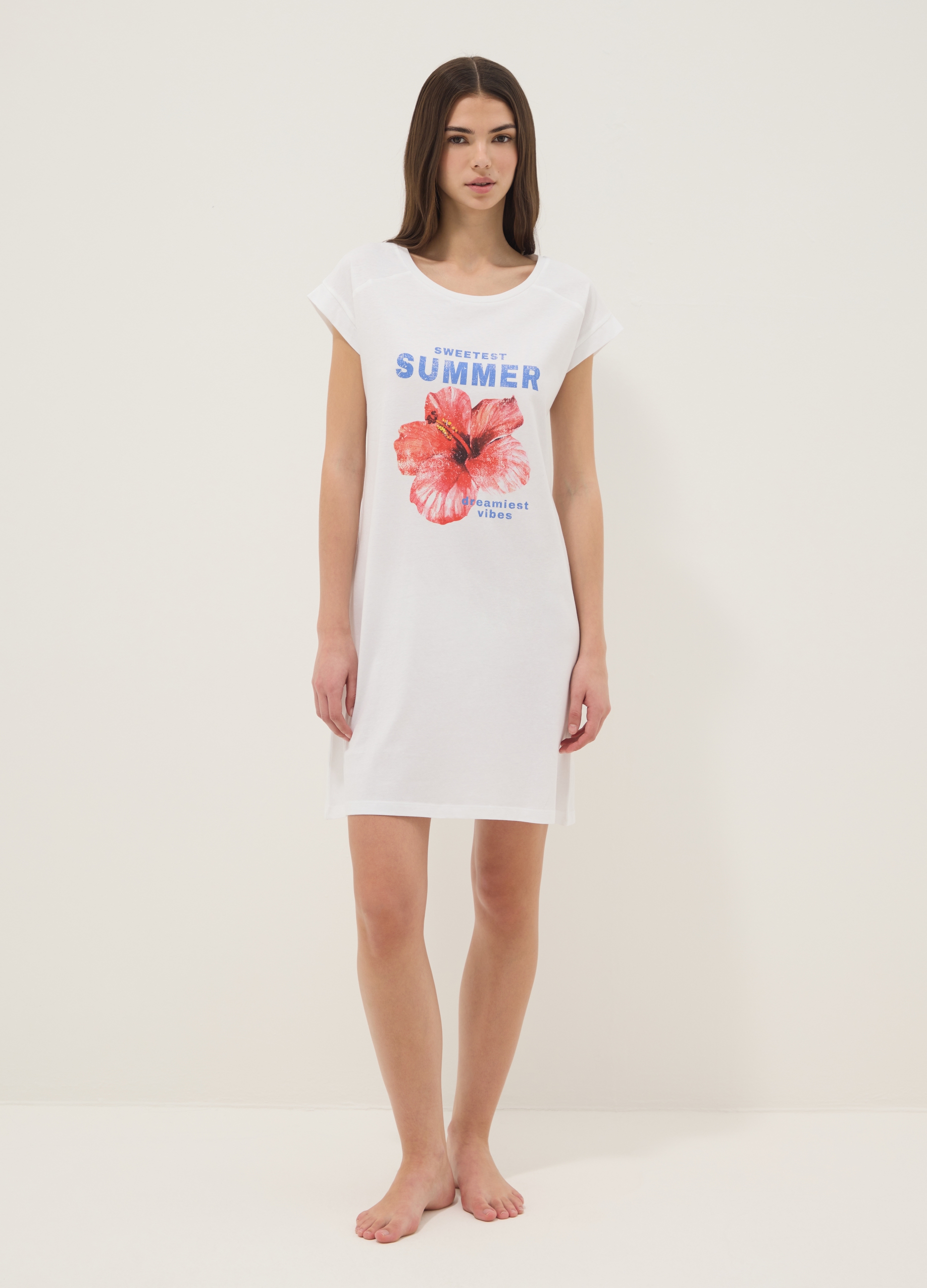 Ovs Donna Bianco Camicia Da Notte Bianca In Puro Cotone Organico Regular Fit Con Fiore, Taglia: L