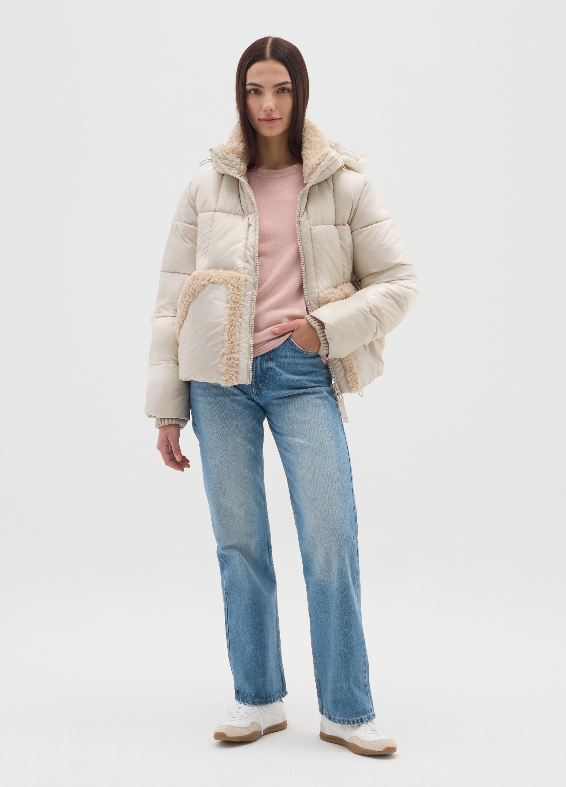 The Iconic Puffer Chaqueta Beige Claro Con Capucha Y Detalles De Sherpa, Mujer, Beige Claro, Talla: S