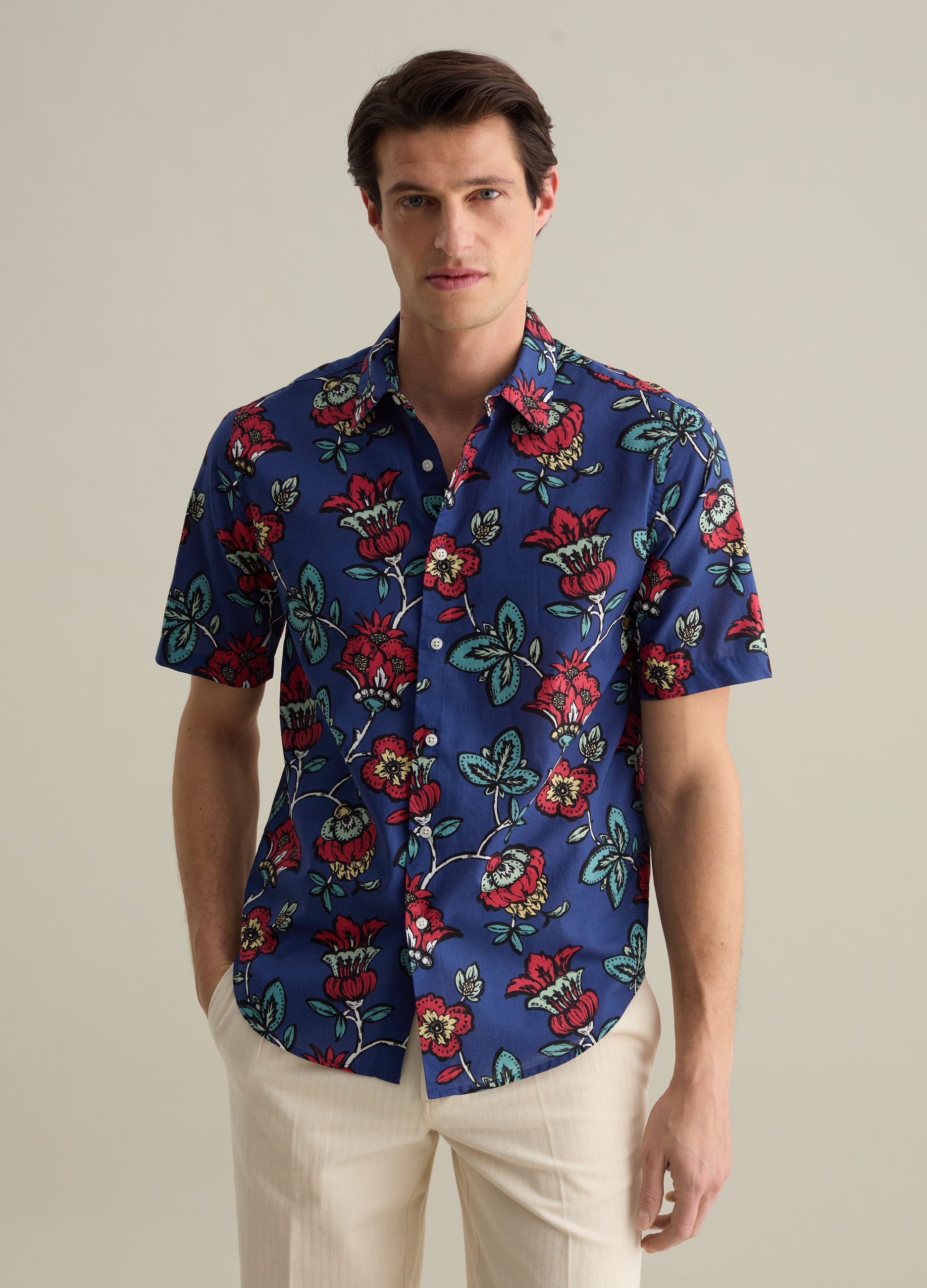 PIOMBO, Camicia A Maniche Corte Con Stampa Floreale, Uomo, Blu, Taglia: S