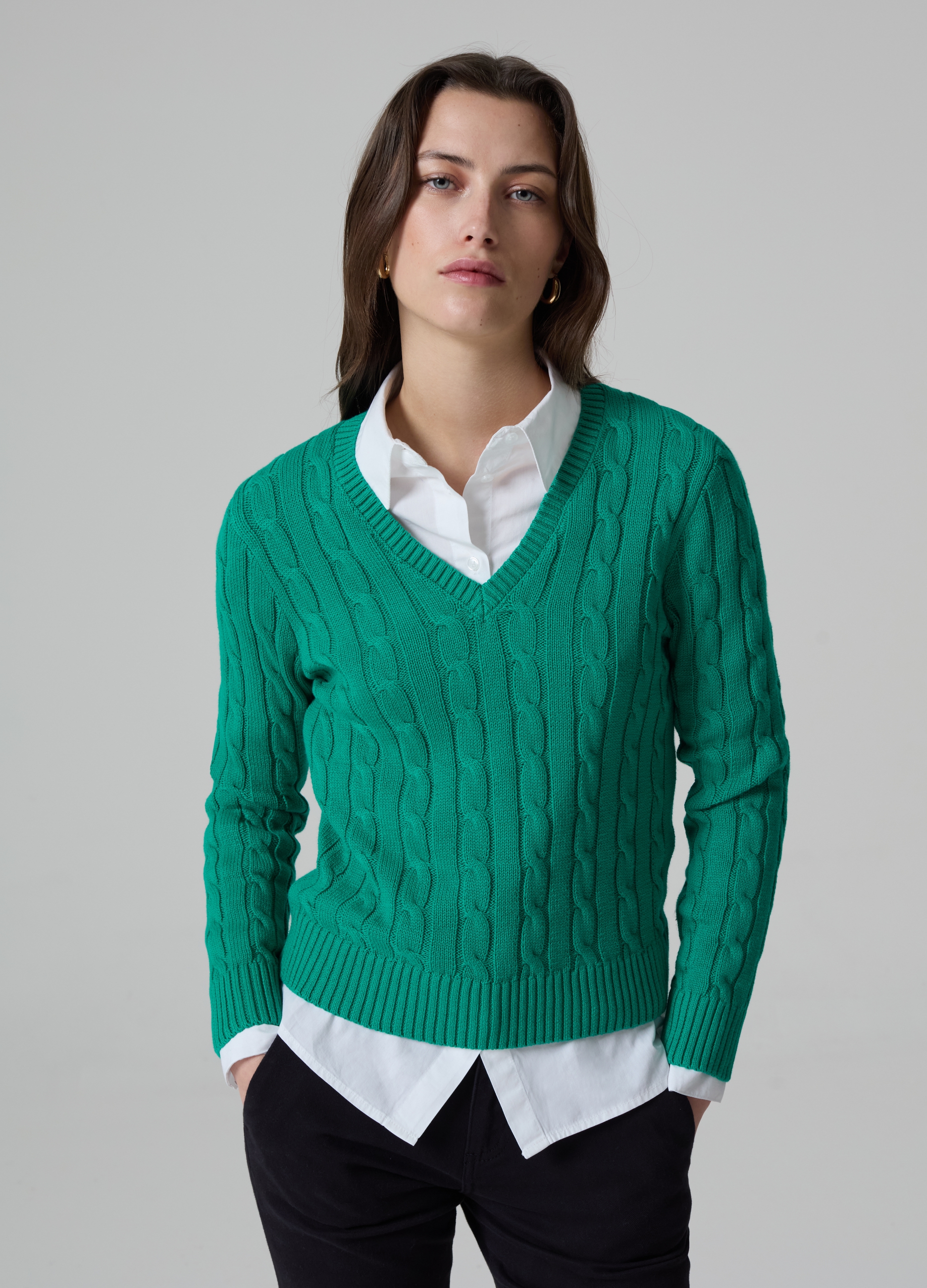 PIOMBO, Pullover Con Lavorazione A Trecce Scollo A V, Donna, Verde, Taglia: XS