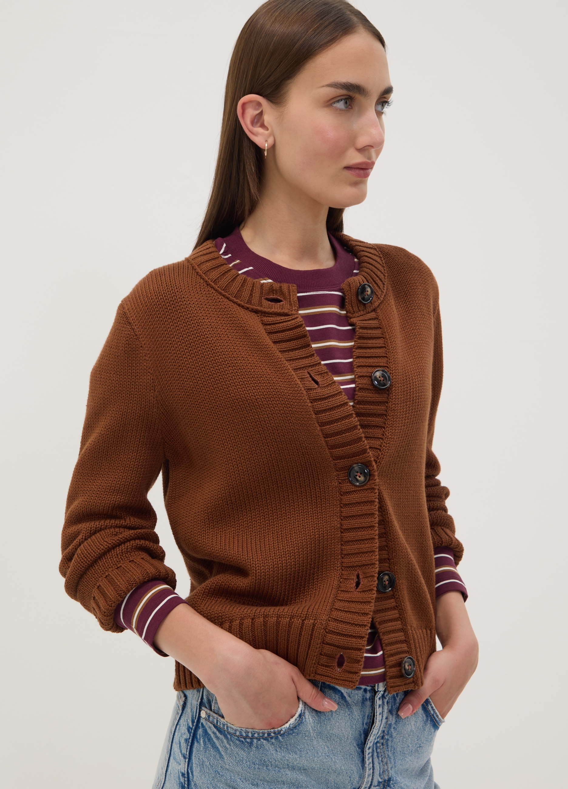 OVS, Cardigan Marrone In Puro Cotone Con Girocollo E Bottoni Regular Fit, Donna, Marrone, Taglia: XL