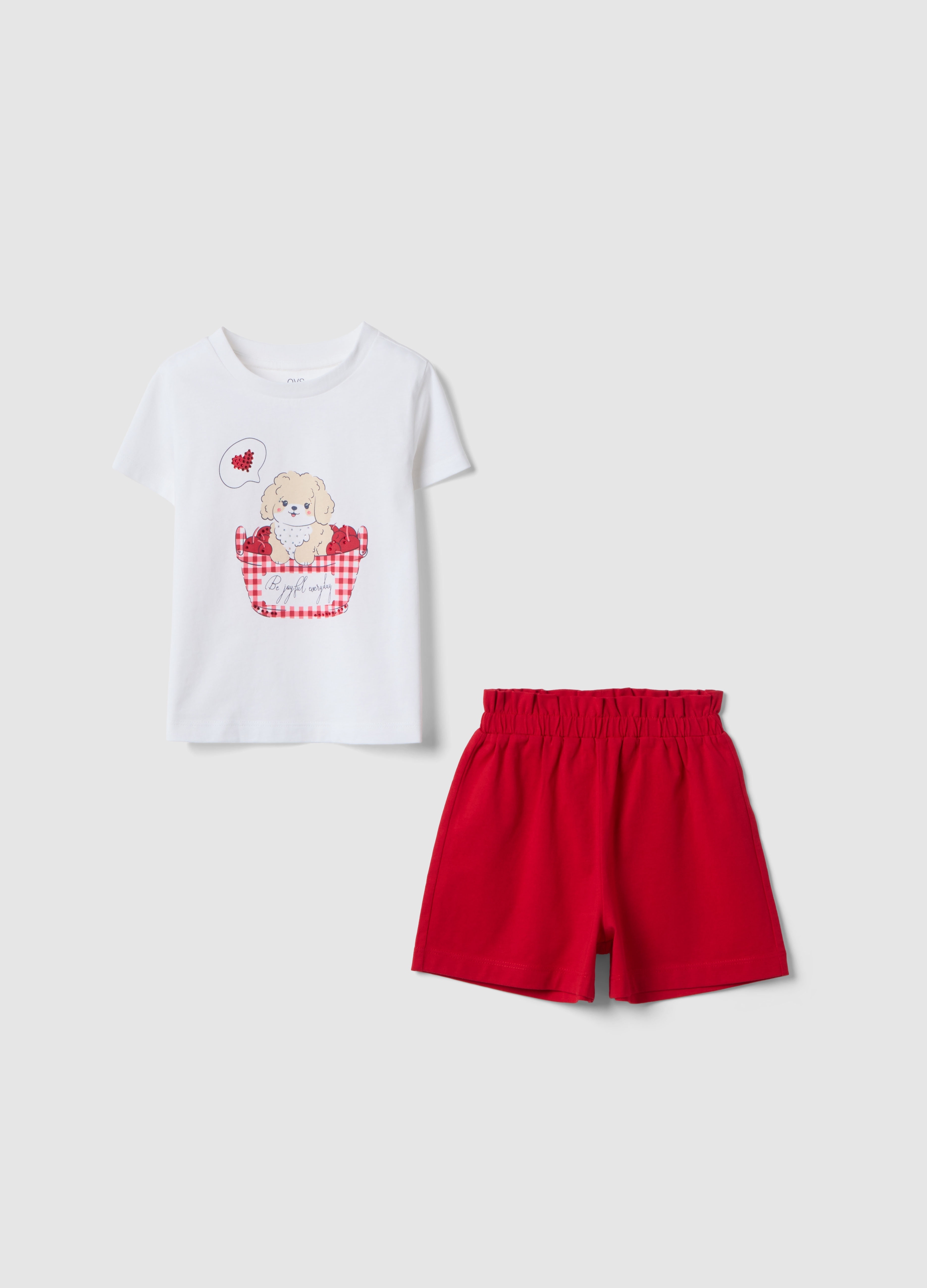 OVS KIDS, Conjunto De Camiseta Y Shorts Multicolor De Puro Algodón Para Niña, Ajuste Regular, Niña, Blanco/rojo, Talla: 6-7