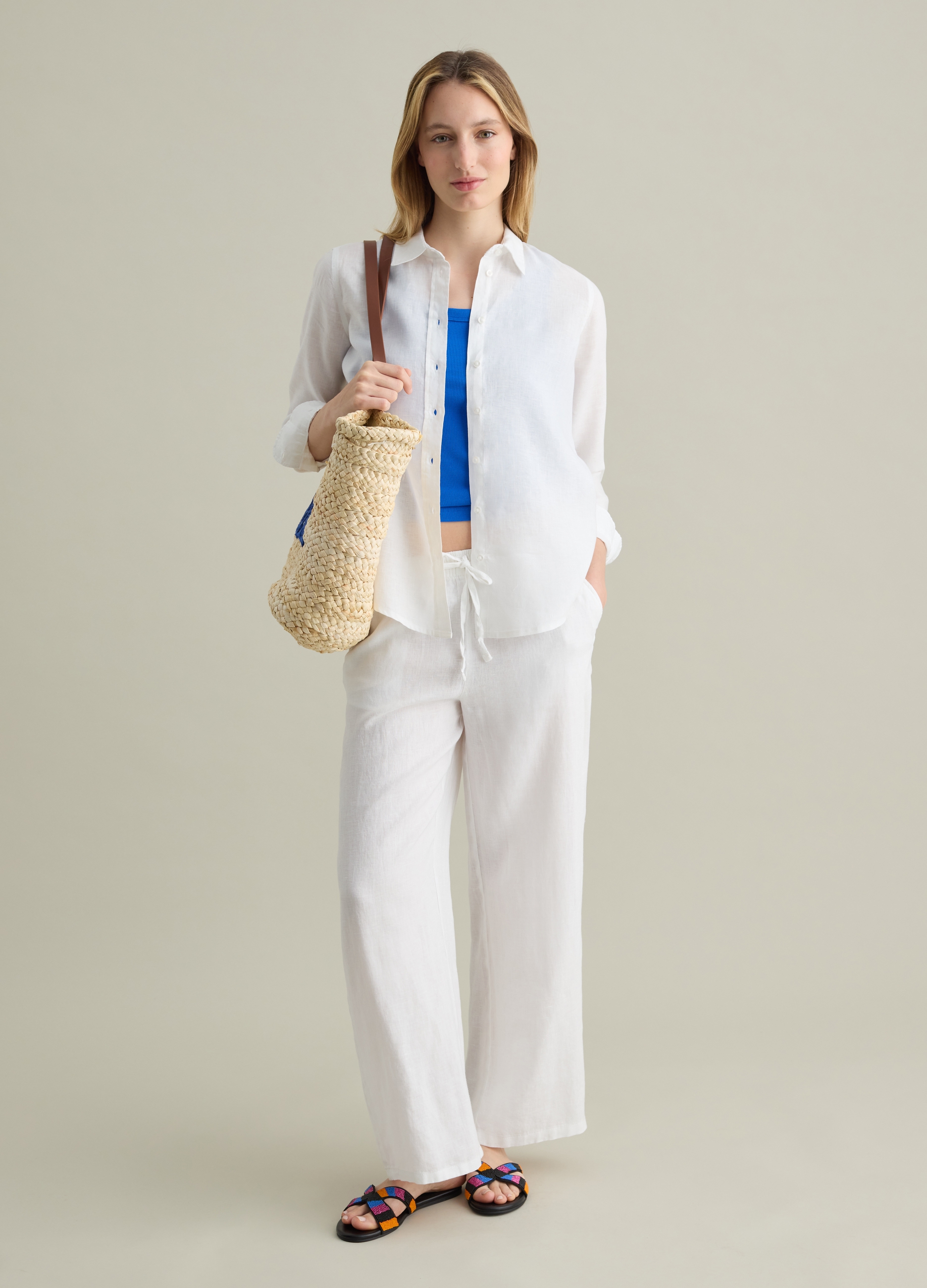 PIOMBO, Pantalone Fluido In Lino A Gamba Larga Bianchi, Donna, Bianco, Taglia: XS