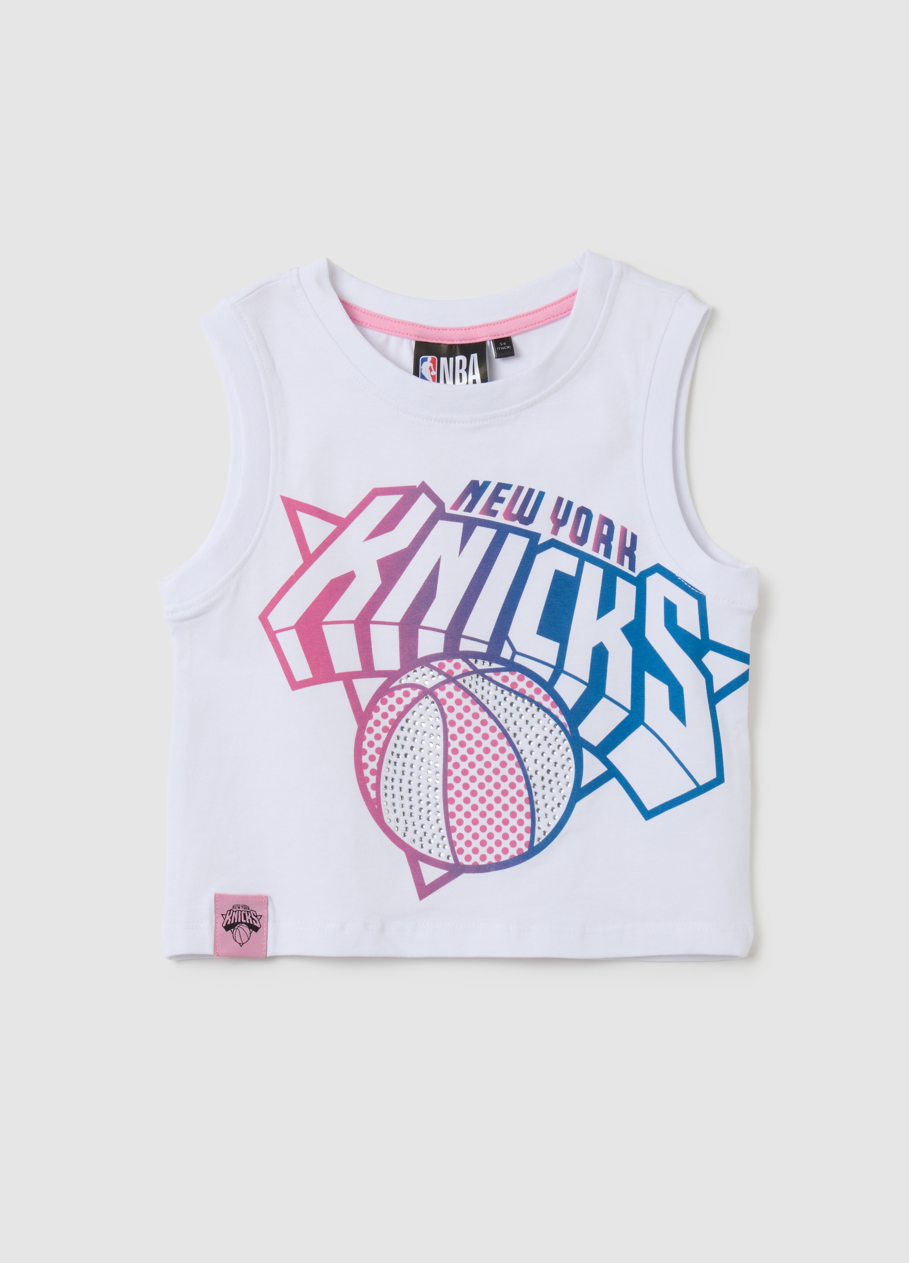 OVS, Canotta Da Bambina In Cotone Bianco Regular Fit Con Stampa New York Knicks, Bianco, Taglia: 5-6