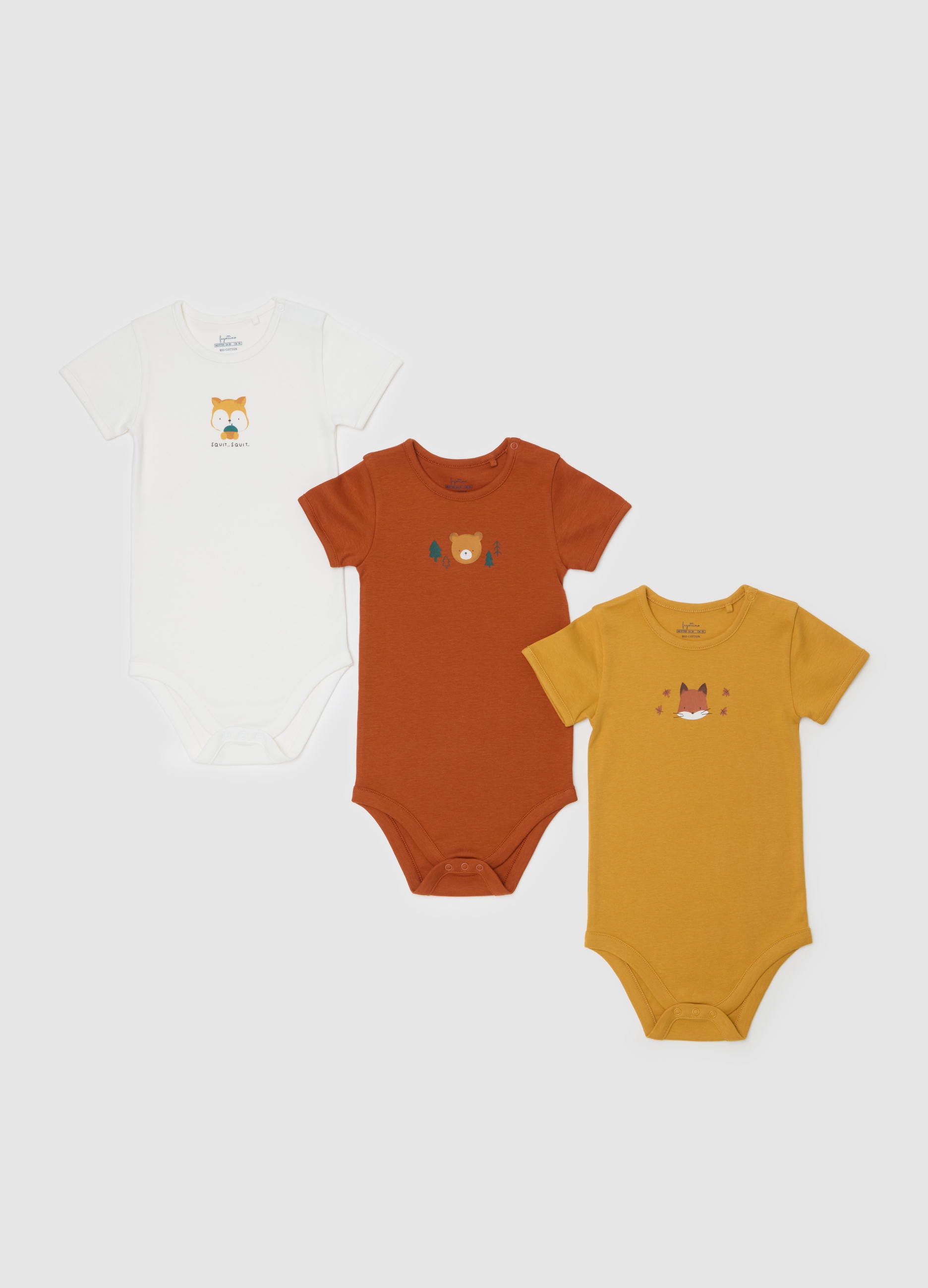 FAGOTTINO, Tripack Body In Cotone Bio Stampa Animaletti, Bambino, Multicolor, Taglia: 12-18