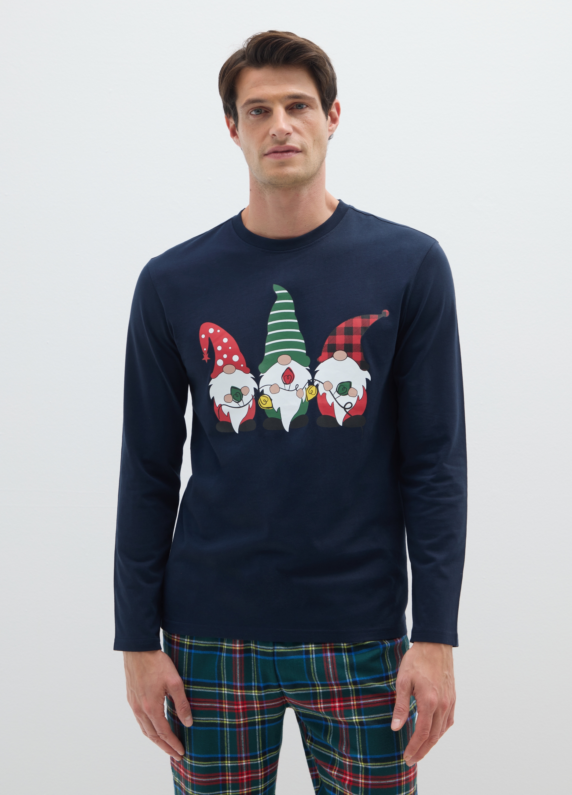 Camiseta De Pijama Navideño Azul De Algodón Puro Ajuste Regular, Hombre, Azul marino, Talla: XXL