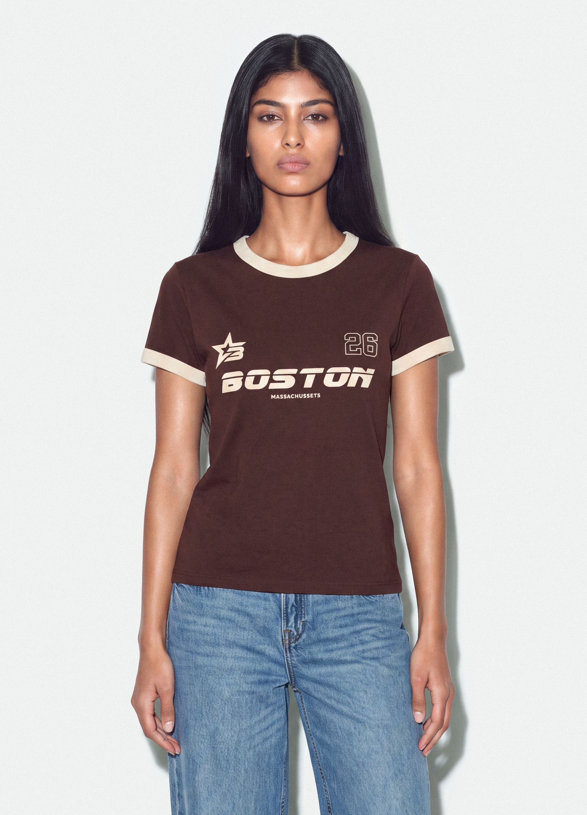 B.ANGEL, T-shirt Marrone In Cotone Con Stampa Grafica Frontale E Bordi A Contrasto, Donna, Marrone, Taglia: L