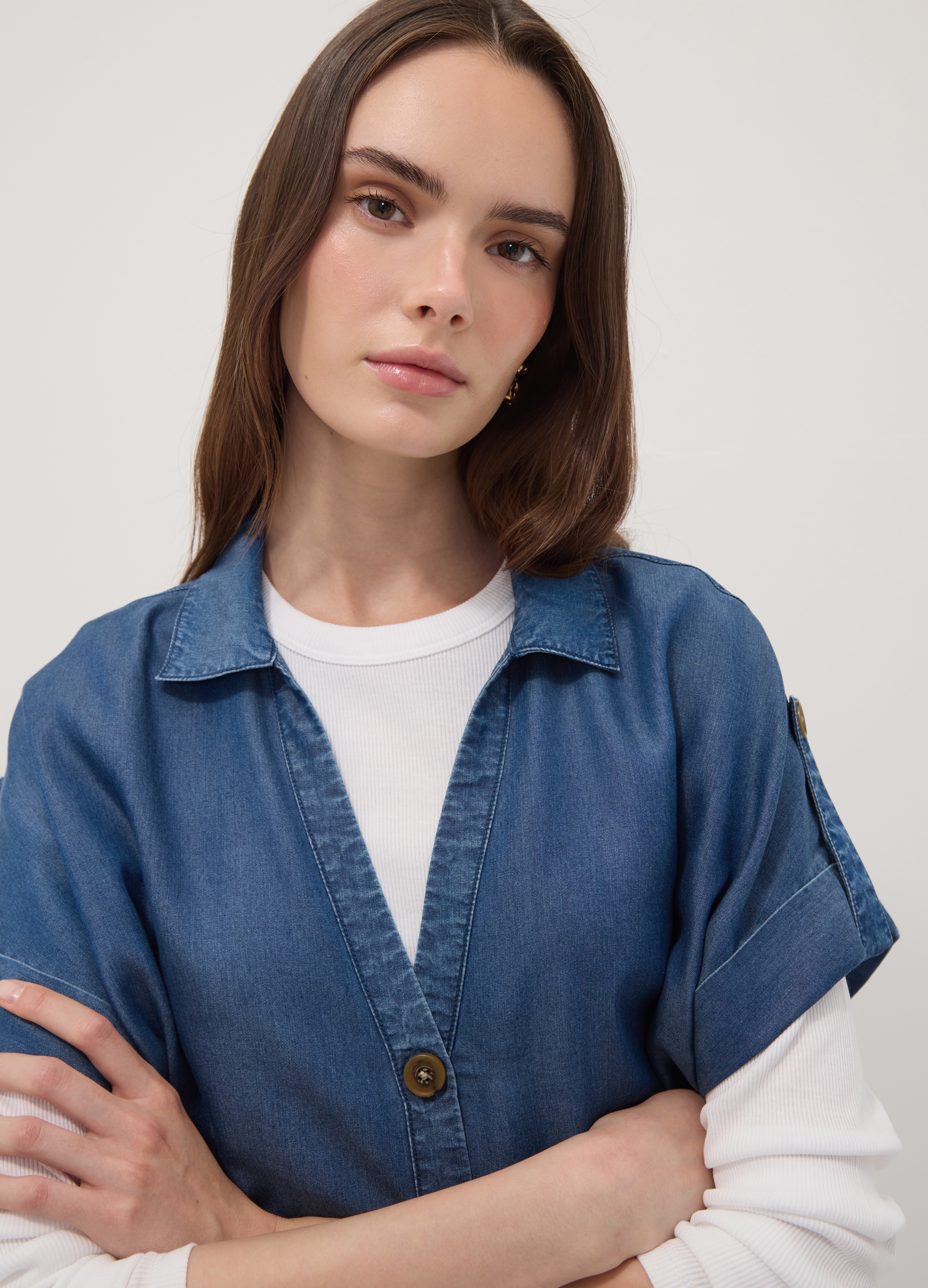 OVS, Camicia Blu In Puro Lyocell A Maniche Corte, Donna, Blu, Taglia: XL