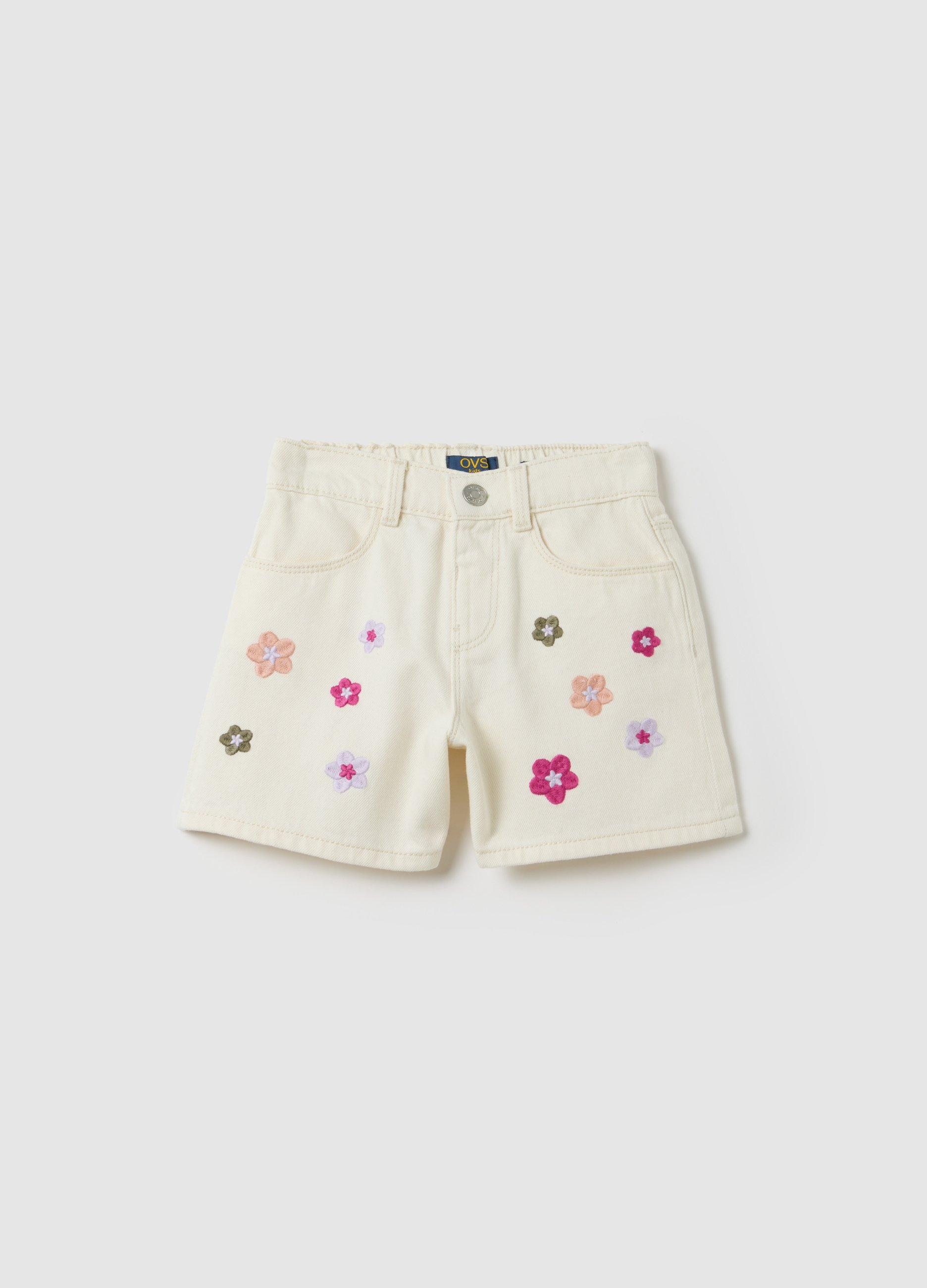 OVS, Shorts Da Bambina In Puro Cotone Beige Regular Fit Con Ricami Floreali, Beige, Taglia: 3-4