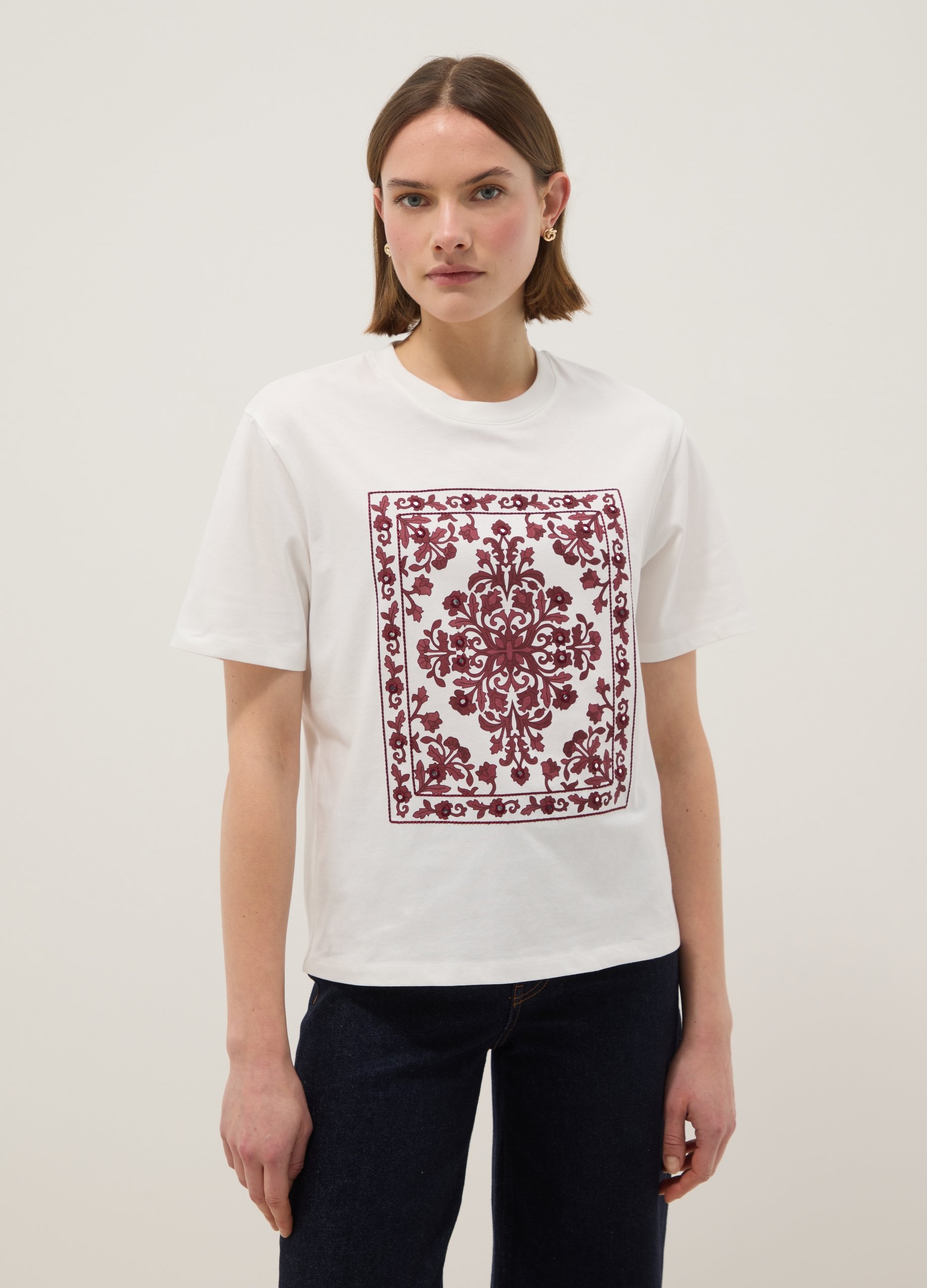 OVS, T-shirt A Maniche Corte In Puro Cotone Bianca Regular Fit Con Decori, Donna, Bianco, Taglia: L