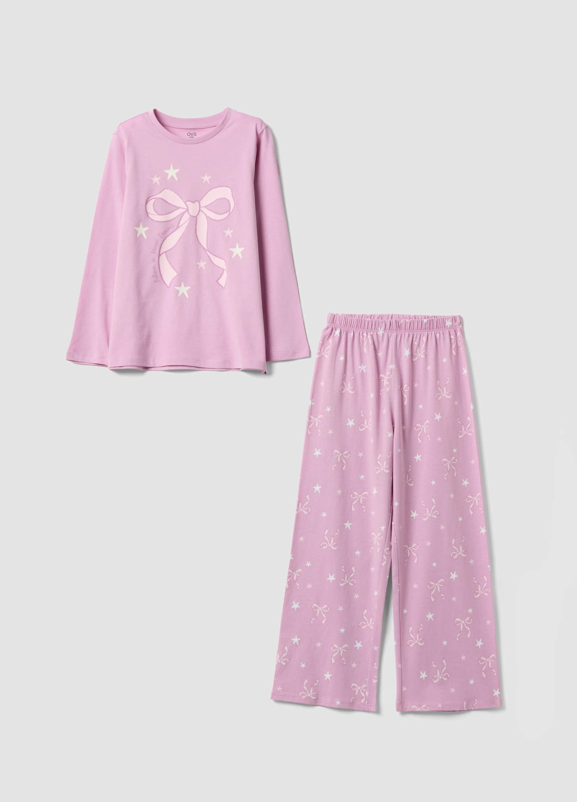 OVS KIDS, Pigiama Rosa In Cotone Jersey Organico Con Stampa Fiocchi, Bambina, Rosa, Taglia: 5-6