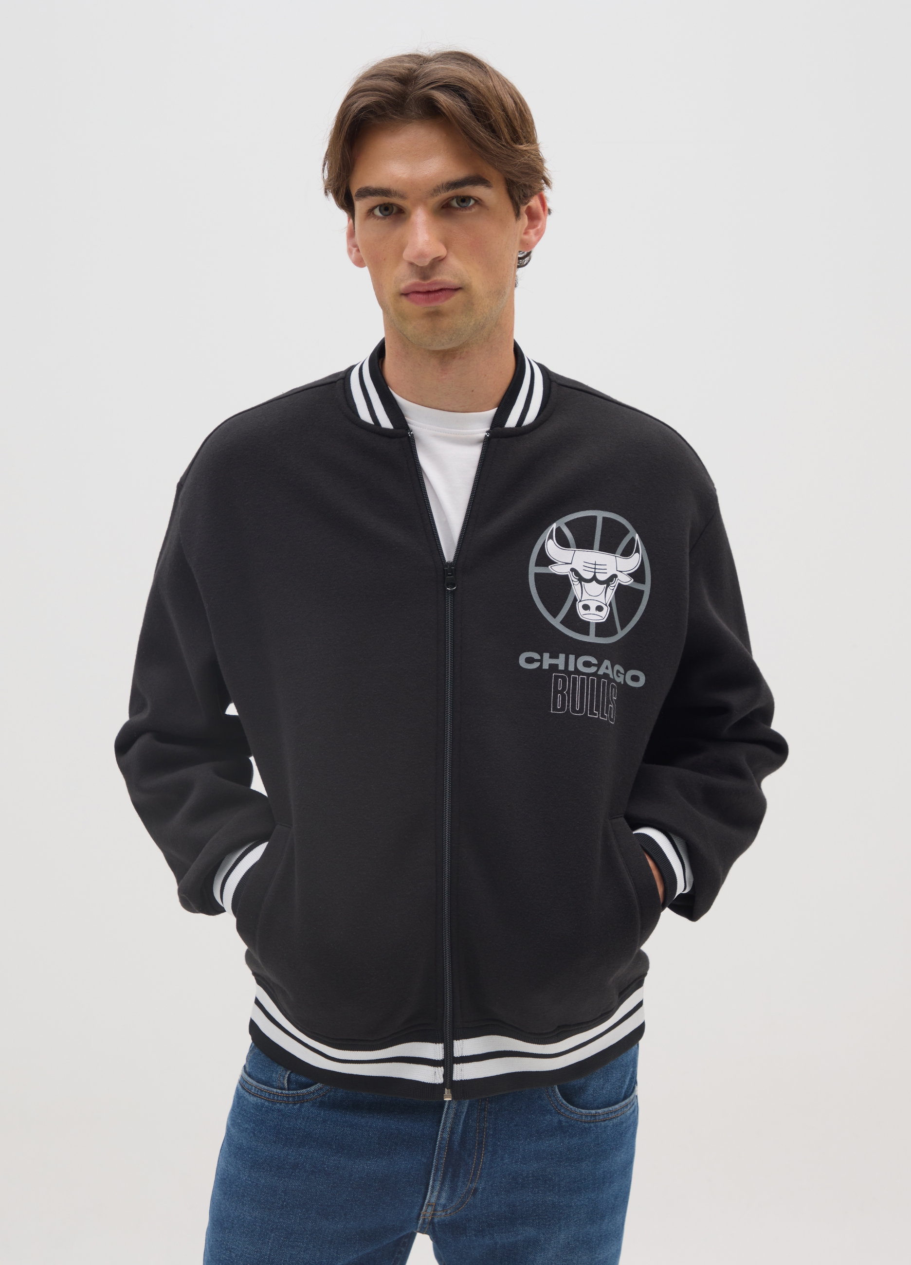 NBA, Giacca Bomber Nera In Misto Cotone Dei Chicago Bulls, Uomo, Nero, Taglia: M