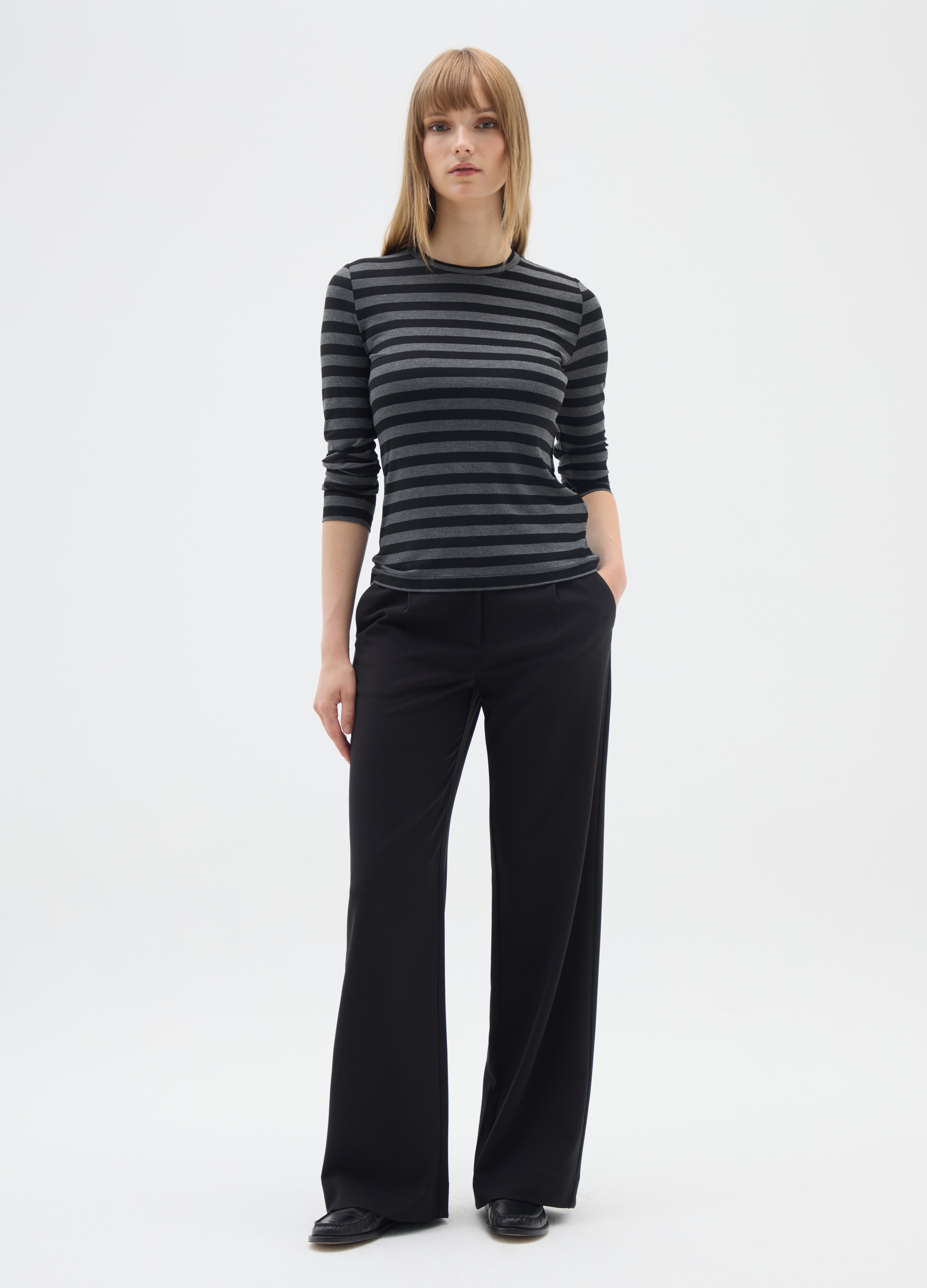 OVS, T-shirt A Righe Grigia Elasticizzata A Maniche Lunghe, Donna, Nero, Taglia: L