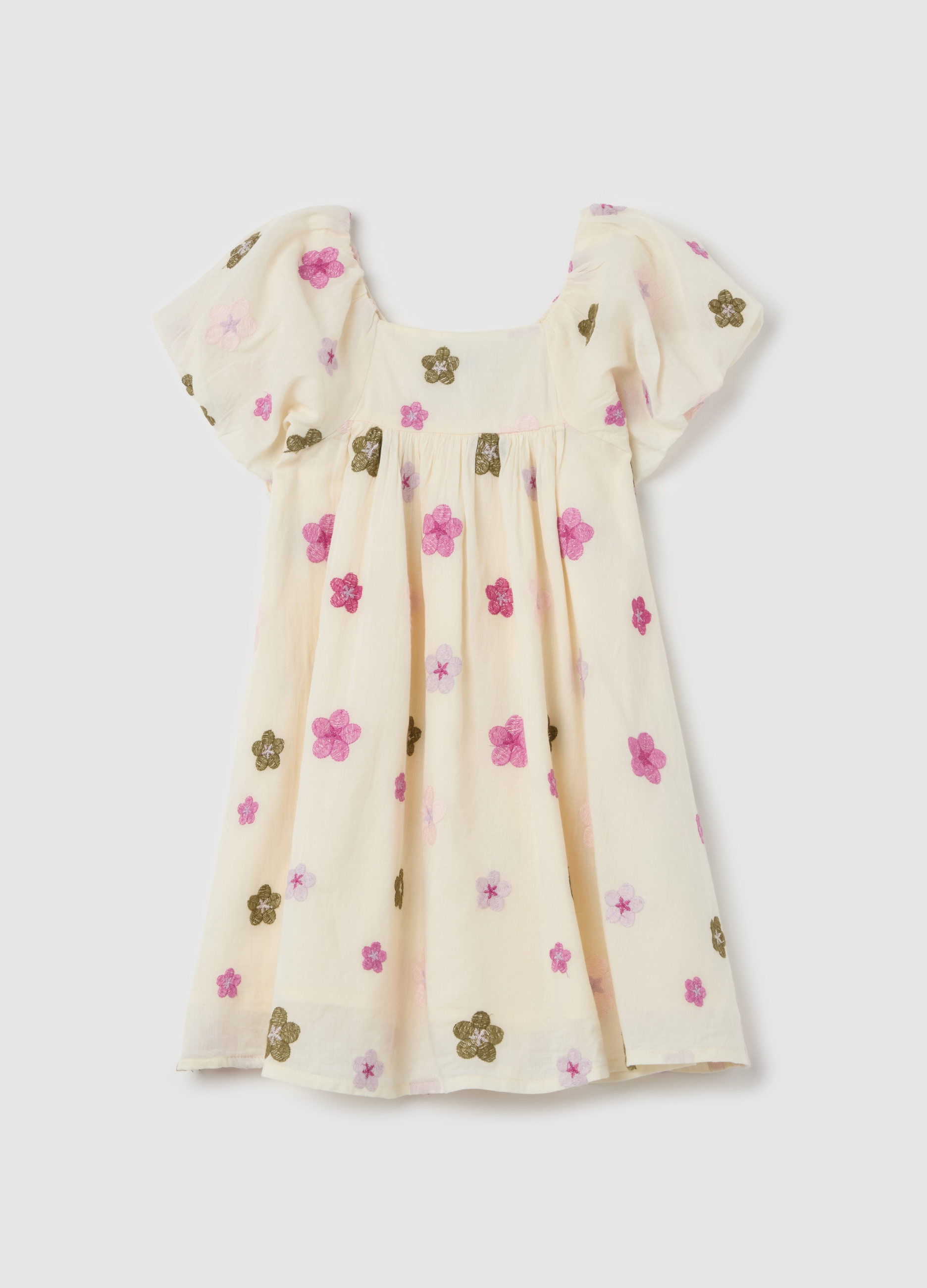 OVS, Abito In Cotone Con Ricamo Fiorellini, Bambina, Bianco, Taglia: 3-4