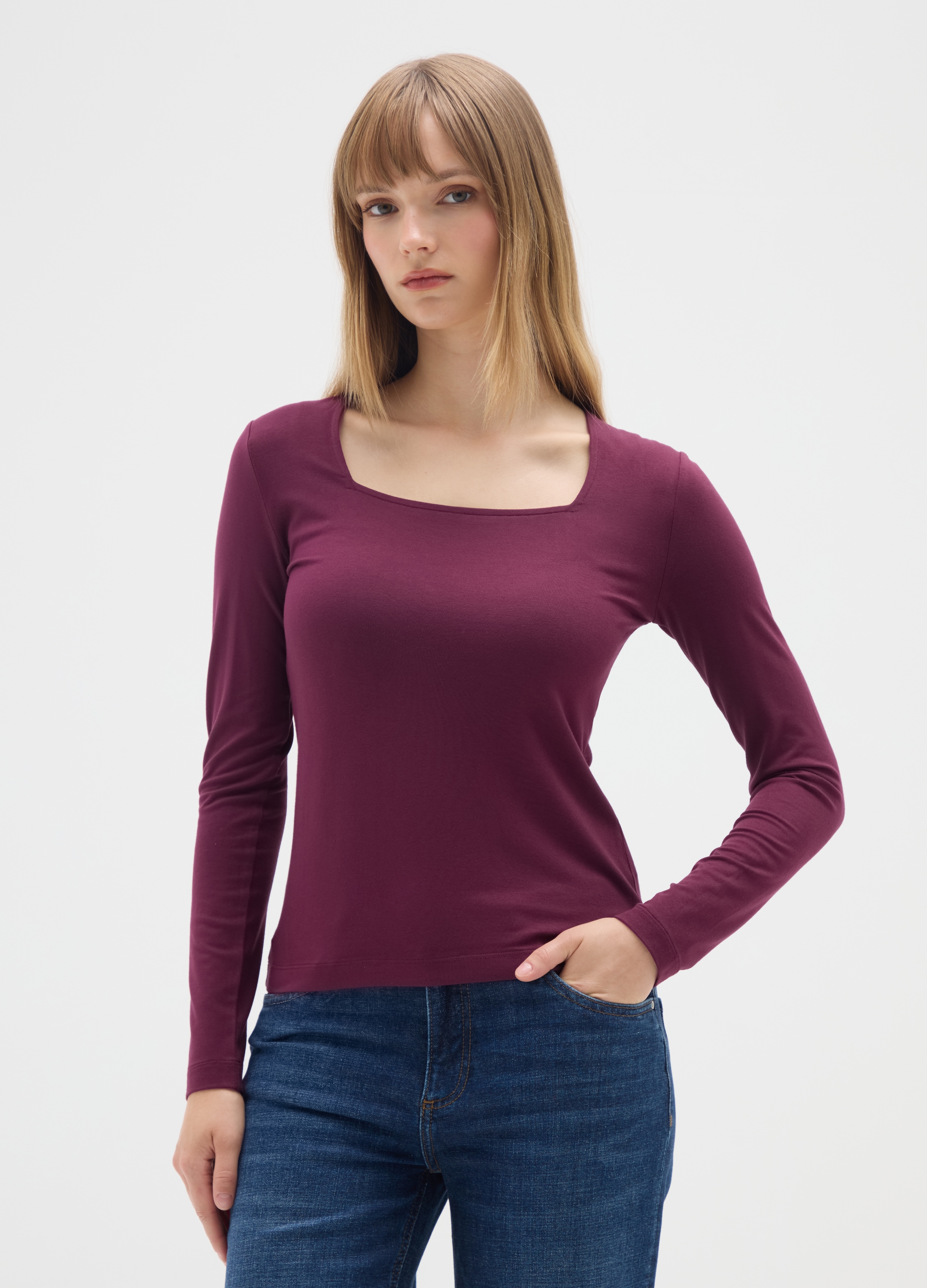 Top Viscosa Elástica Púrpura Corte Regular, Mujer, Púrpura Vino, Talla: 42
