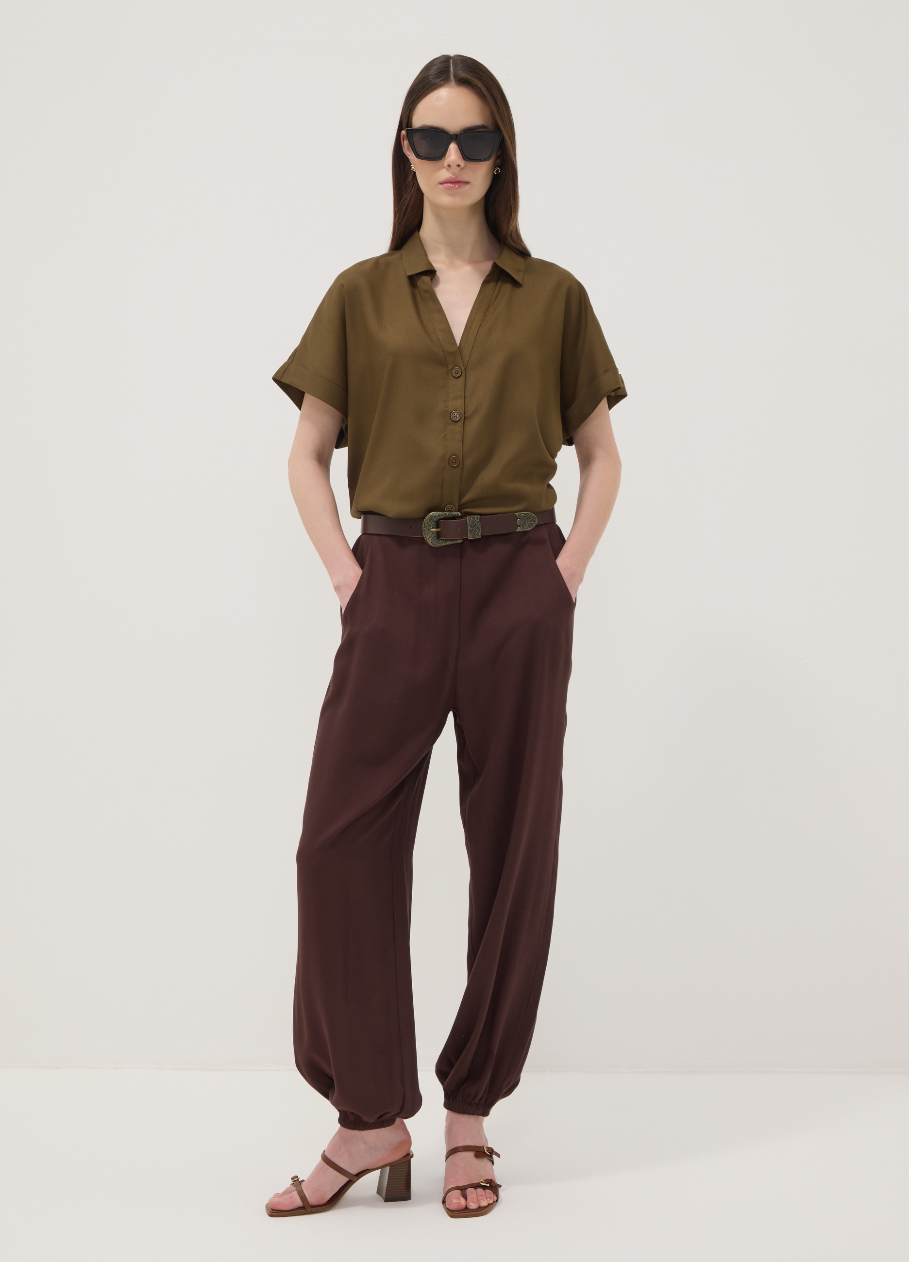 OVS, Pantaloni Marroni In Pura Viscosa Con Fondo Elasticizzato Regular Fit, Donna, Marrone, Taglia: XL